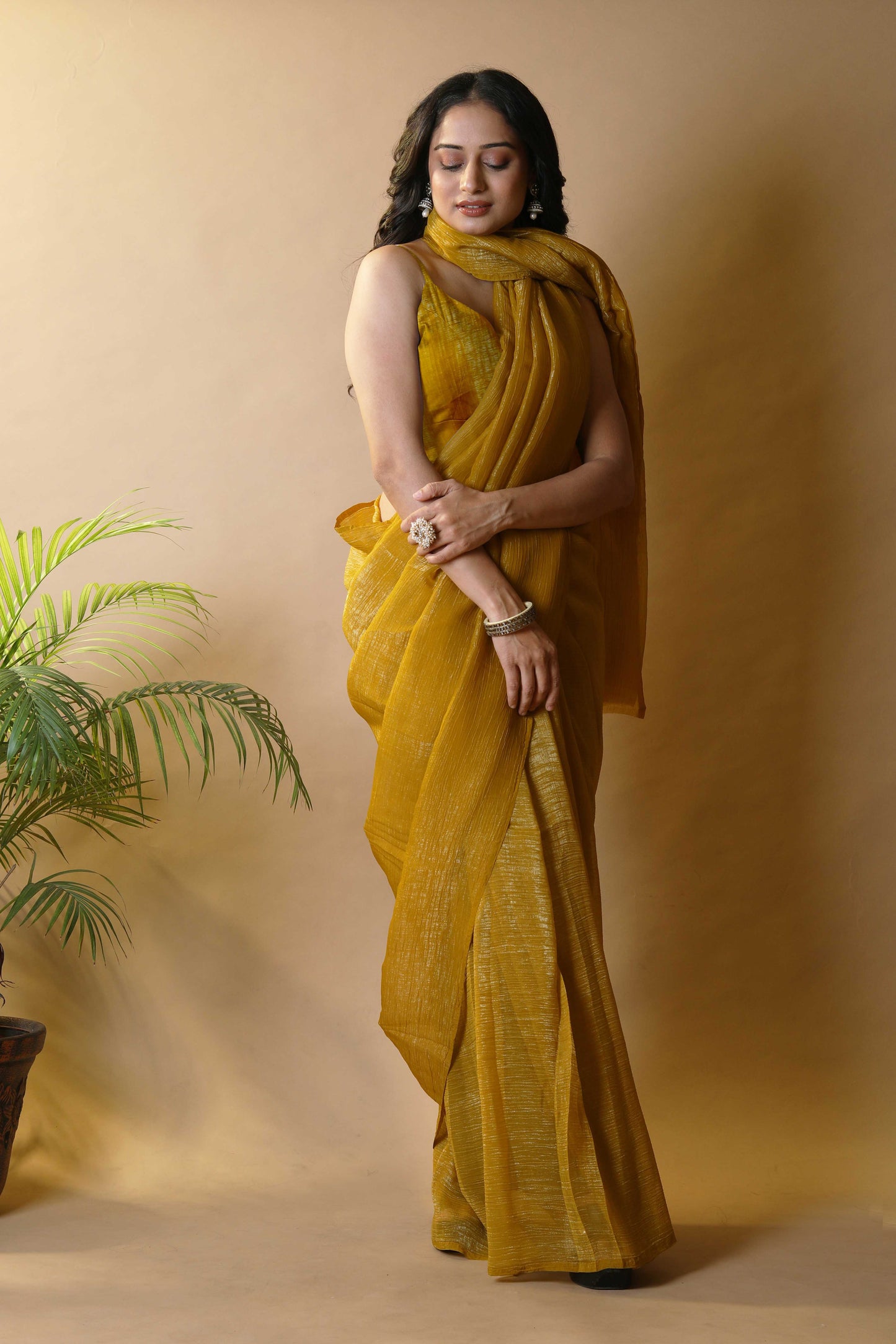 Elegant Musterd Shimmer Tissue Silk Crunchy Party Wear Saree