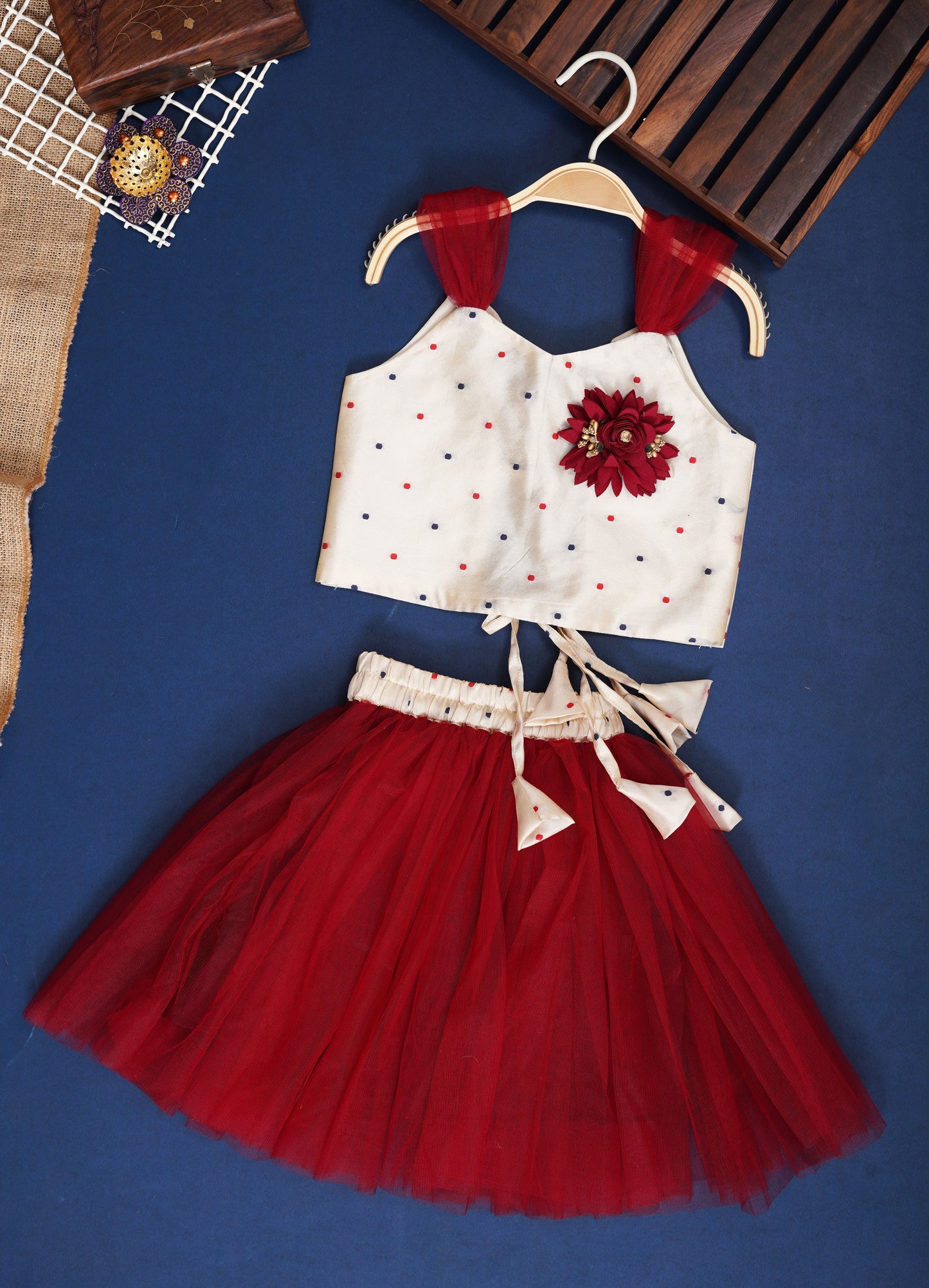 Girls Jacquard Silk Maroon Shoulder Strap Crop Top And Skirt Clothing Set With Reel Flover