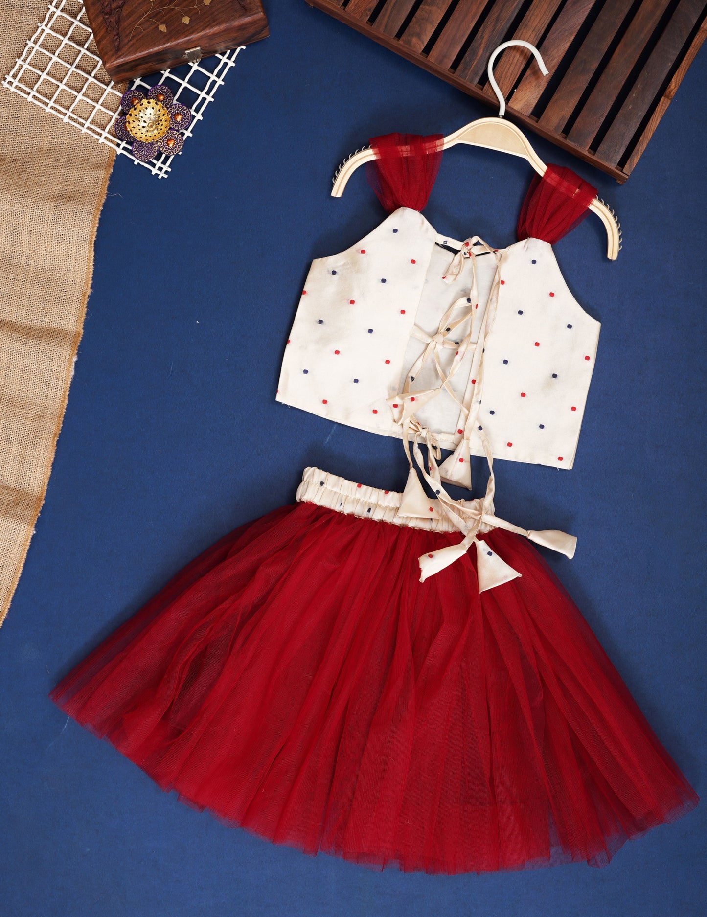 Girls Jacquard Silk Maroon Shoulder Strap Crop Top And Skirt Clothing Set With Reel Flover