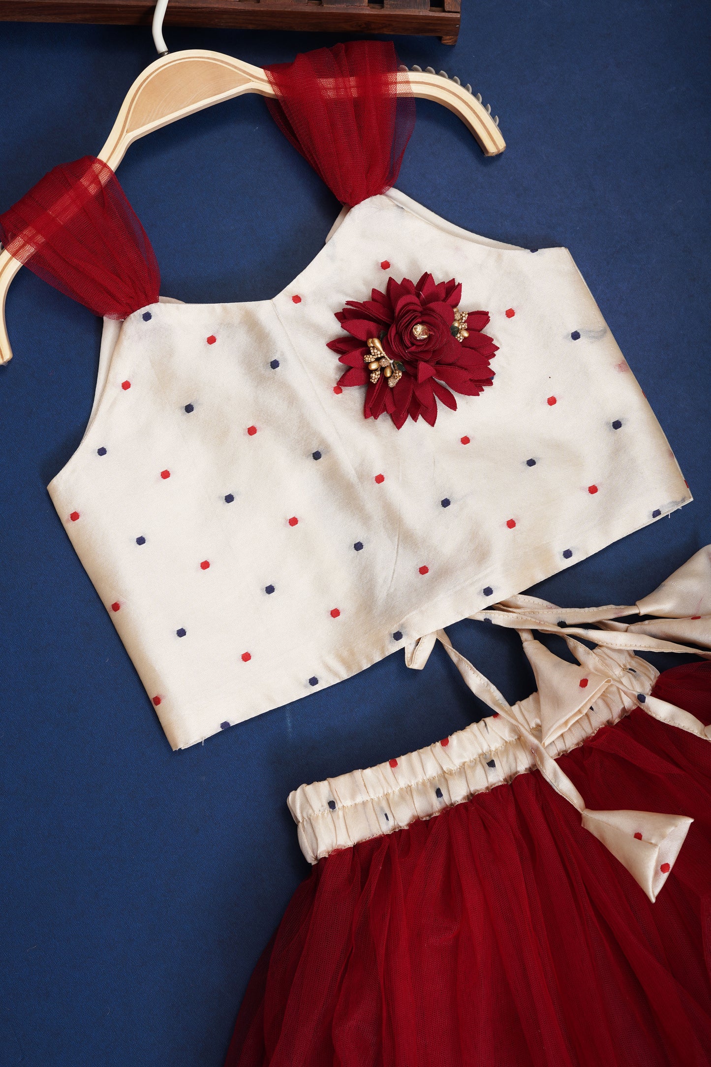 Girls Jacquard Silk Maroon Shoulder Strap Crop Top And Skirt Clothing Set With Reel Flover