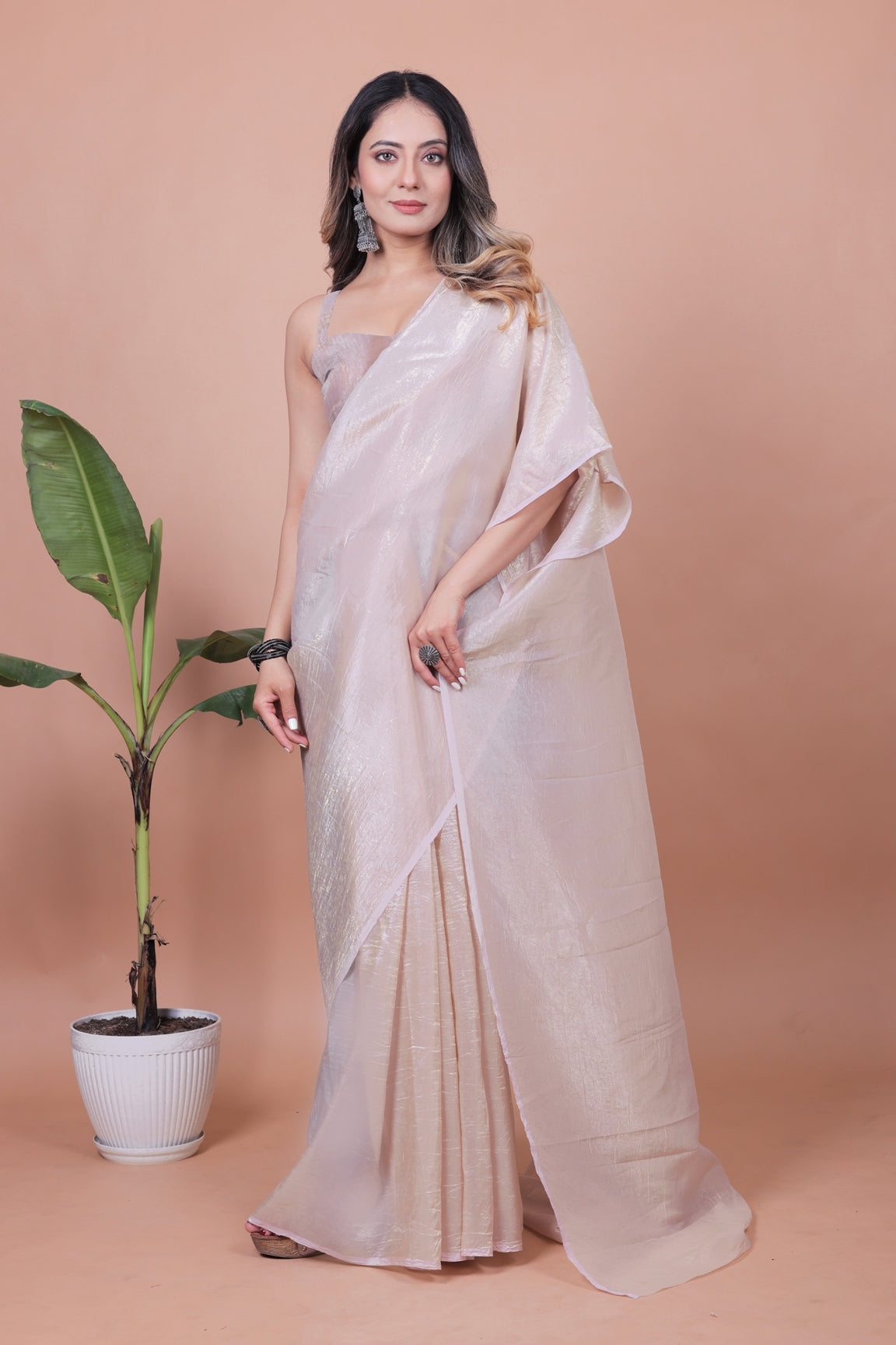 Elegant Pearl White Tissue Silk Crunchy Party Wear Saree