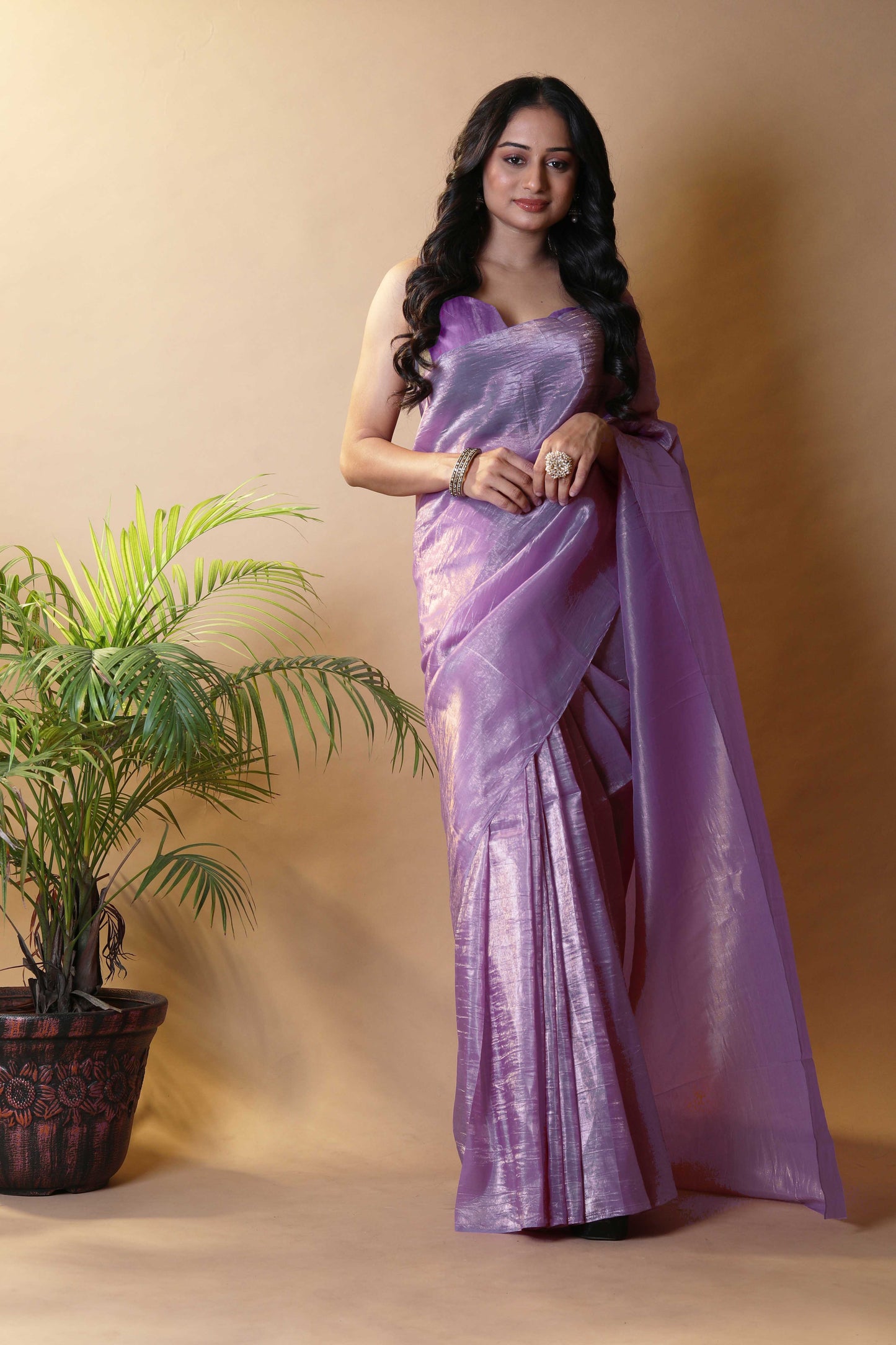 Elegant Lavender Tissue Silk Crunchy Party Wear Saree