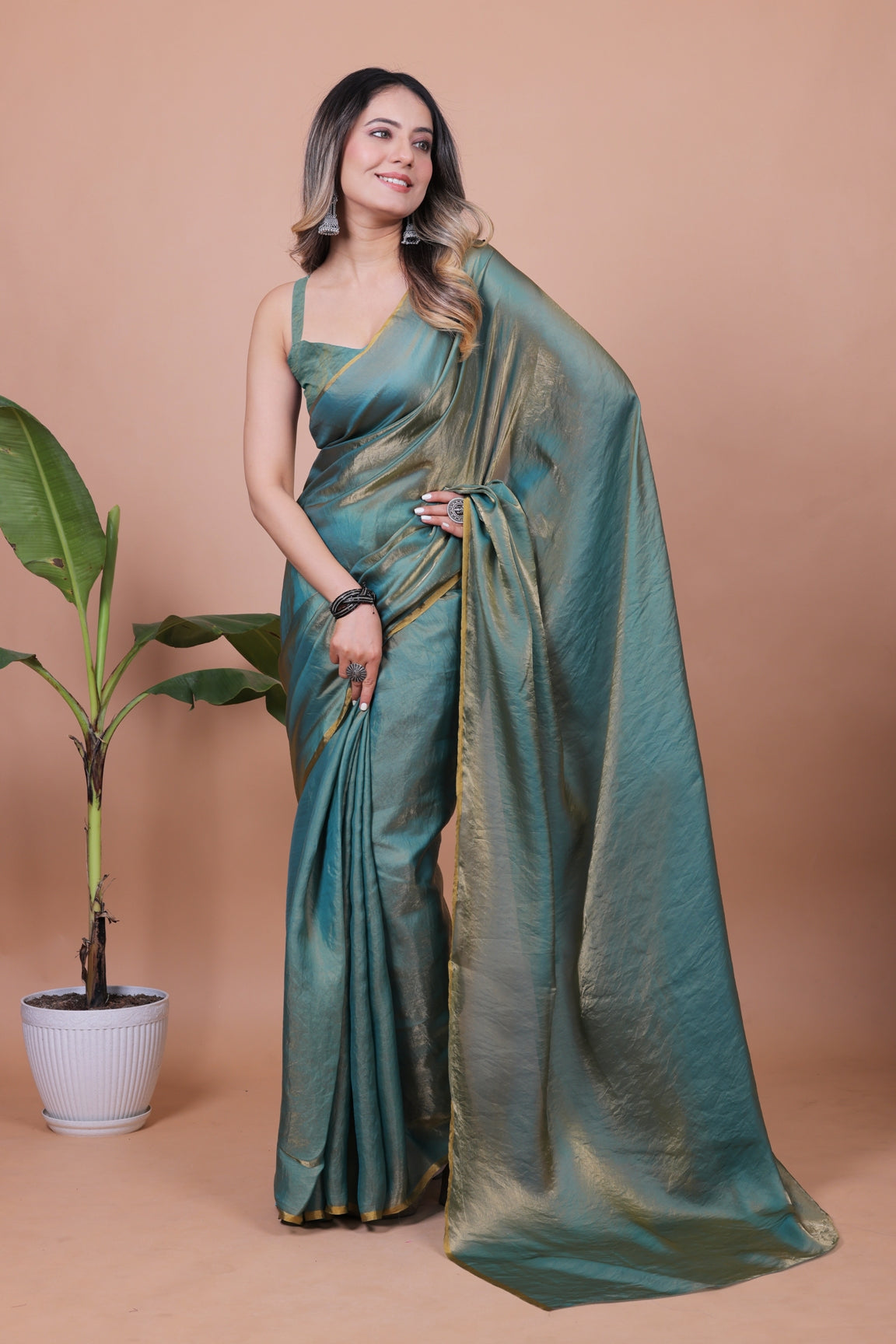 Elegant Teal Green Shimmer Pure Satin Silk Two Tone Party Wear Saree