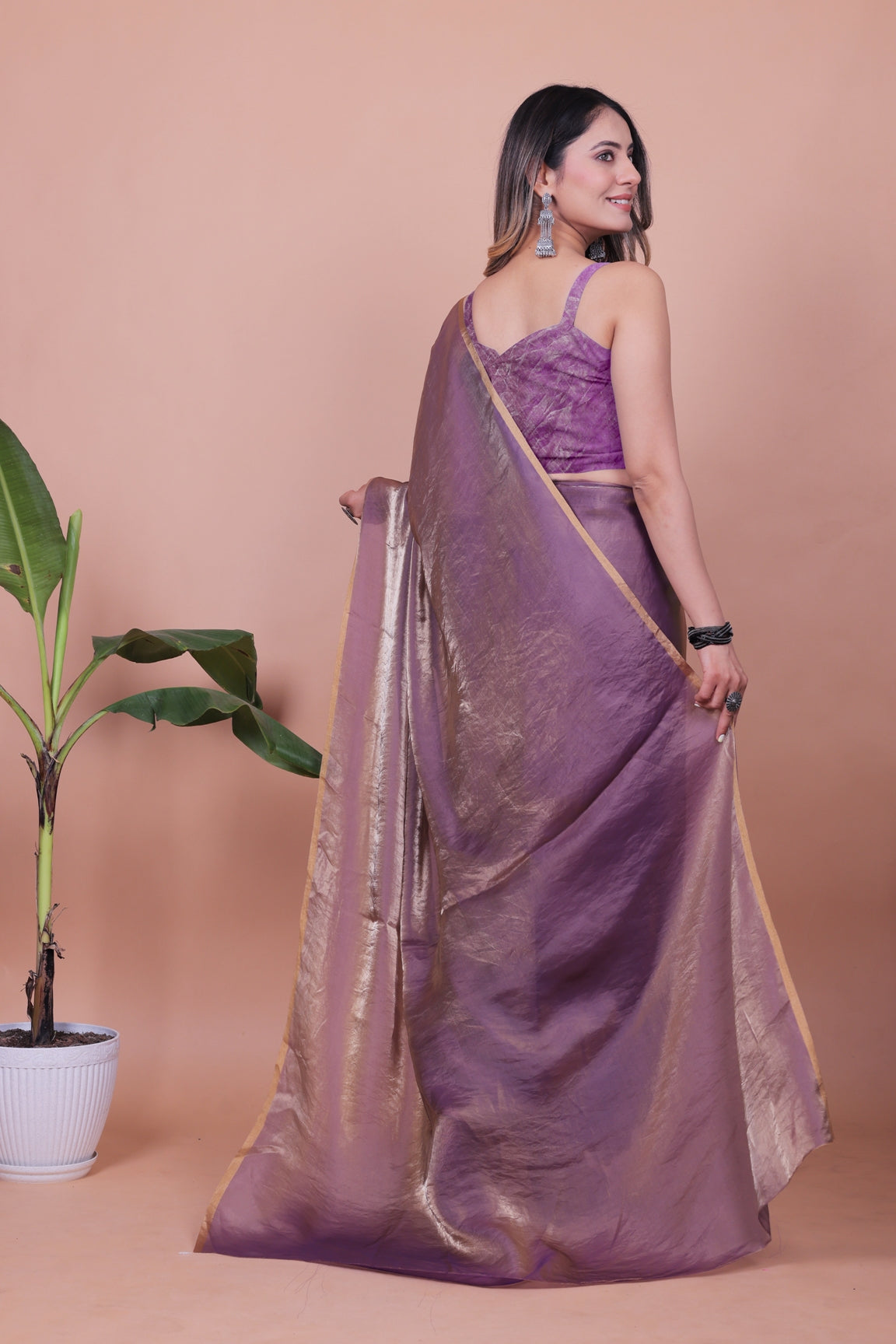 Elegant Purple Gold Shimmer Pure Satin Silk Two Tone Party Wear Saree