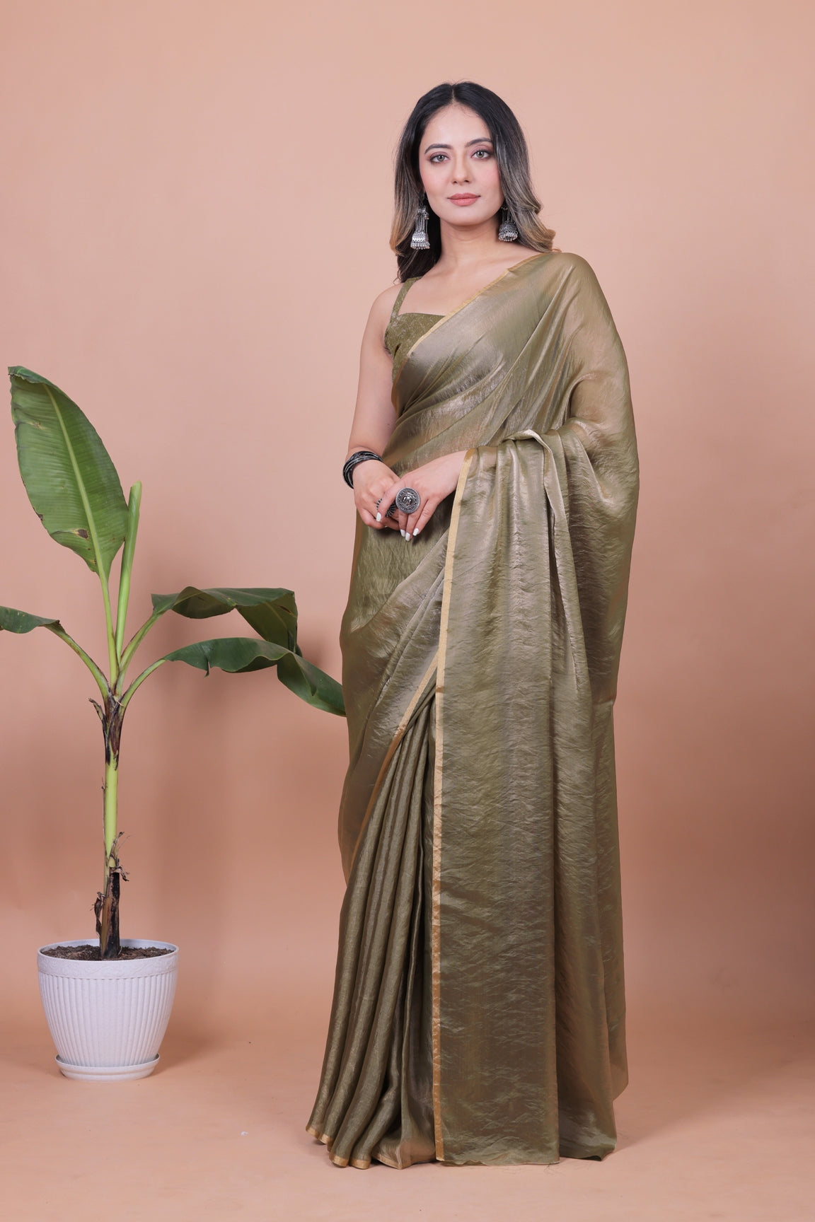Elegant Green Gold Shimmer Pure Satin Silk Two Tone Party Wear Saree