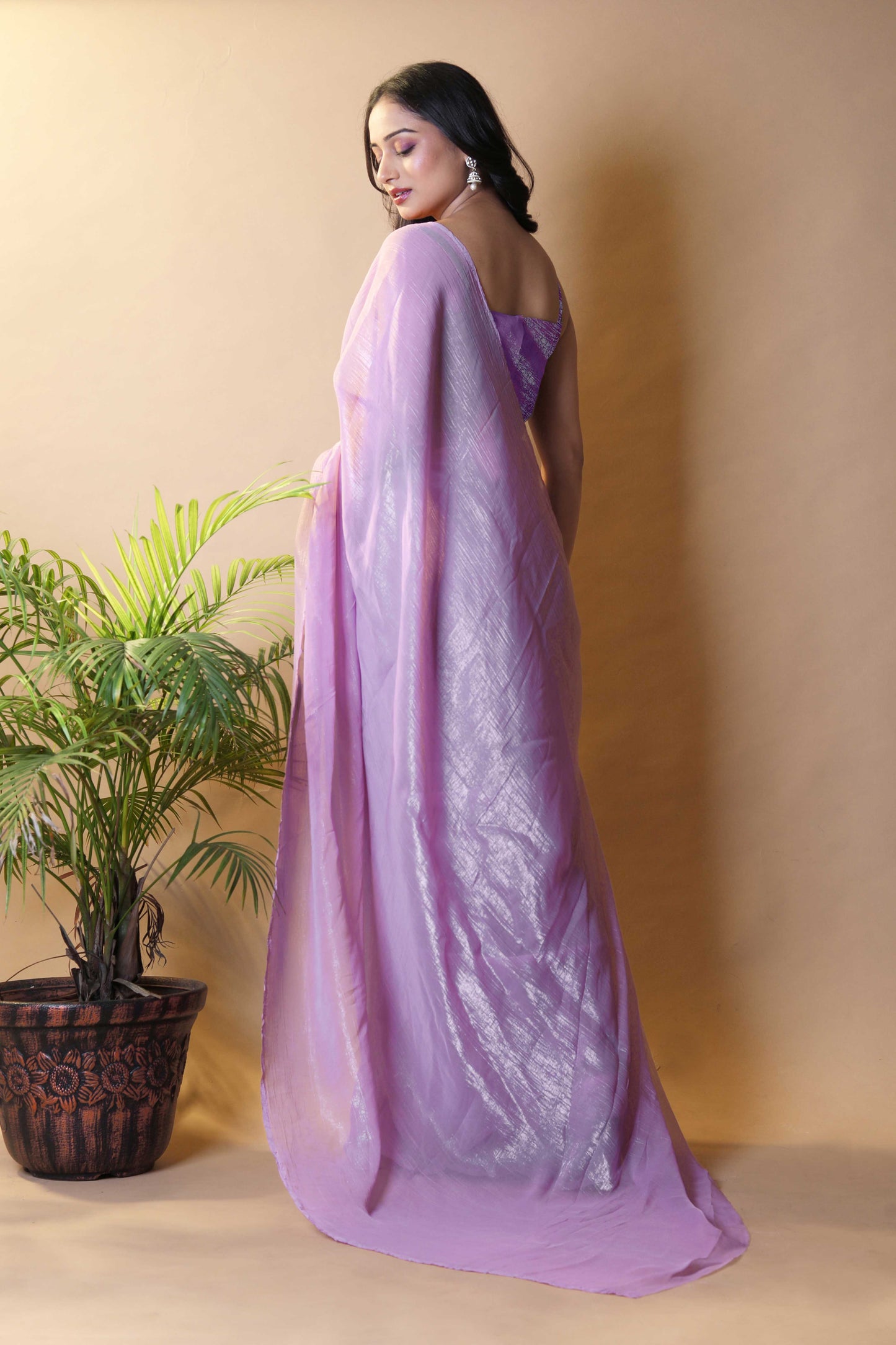 Elegant Lavender Shimmer Tissue Silk Crunchy Party Wear Saree