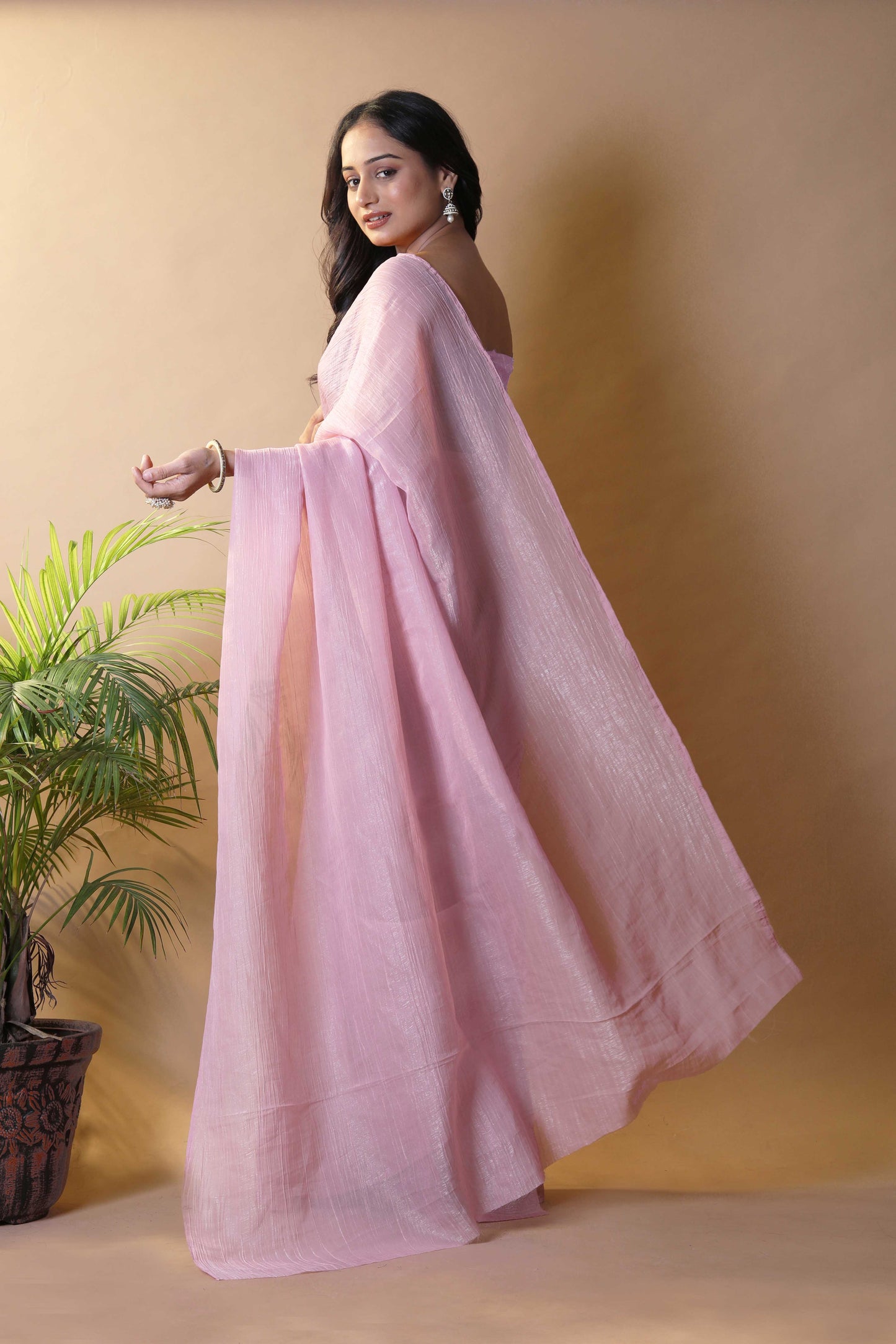 Elegant Blush Pink Shimmer Tissue Silk Crunchy Party Wear Saree
