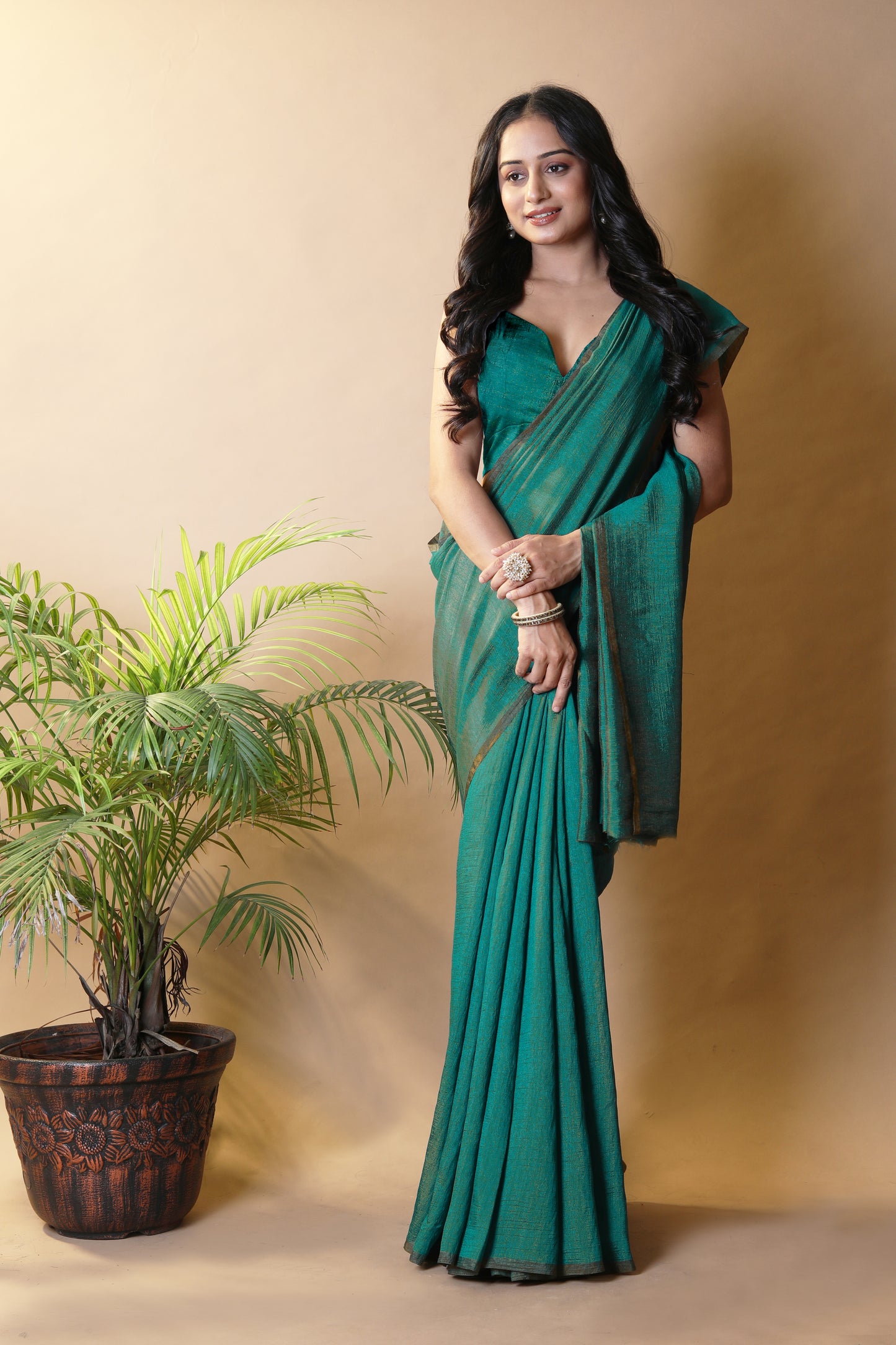 Teal Green Shimmer Silk Blend Two Tone Party Wear Saree