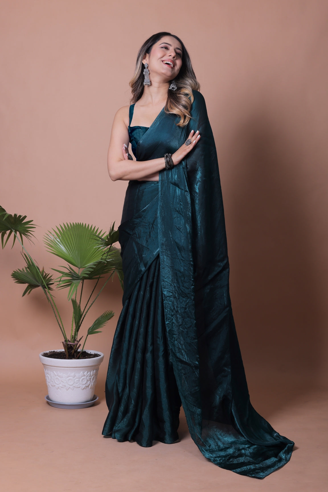 Elegant Dark Forest Green Shimmer Pure Satin Silk Two Tone Party Wear Saree