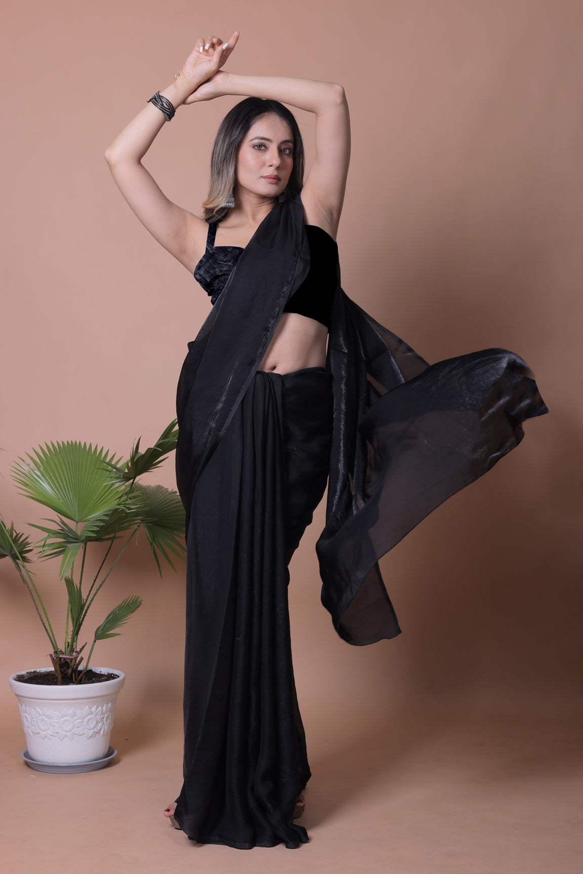 Elegant Black Shimmer Pure Satin Silk Two Tone Party Wear Saree