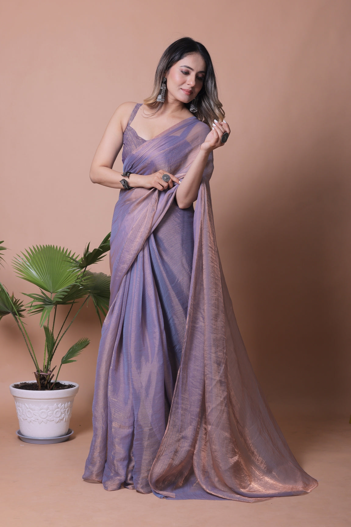 Elegant Lilac Purple Shimmer Pure Chiffon Two Tone Party Wear Saree