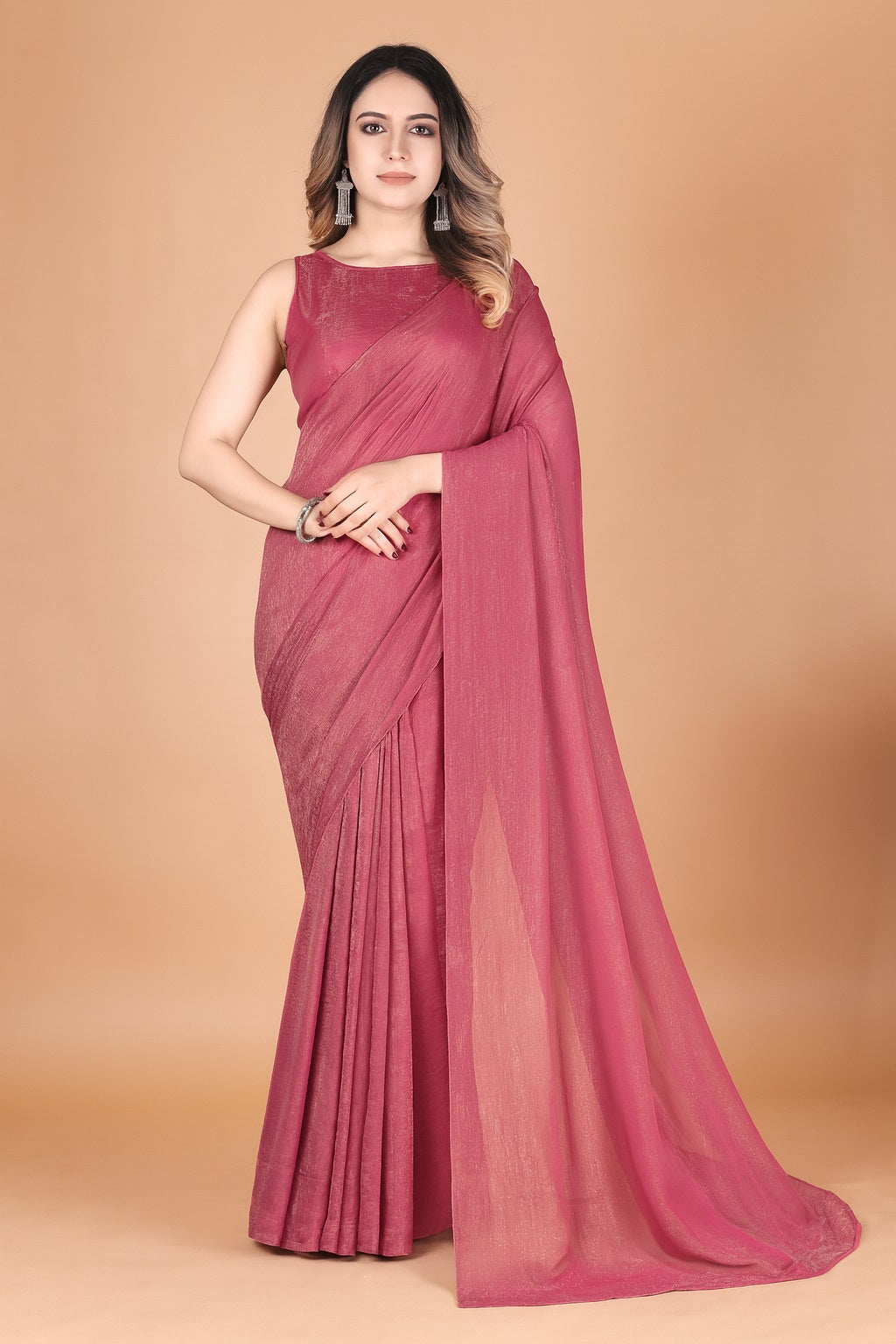 Elegant Light Red Rust Shimmer Tissue Silk Crunchy Party Wear Saree