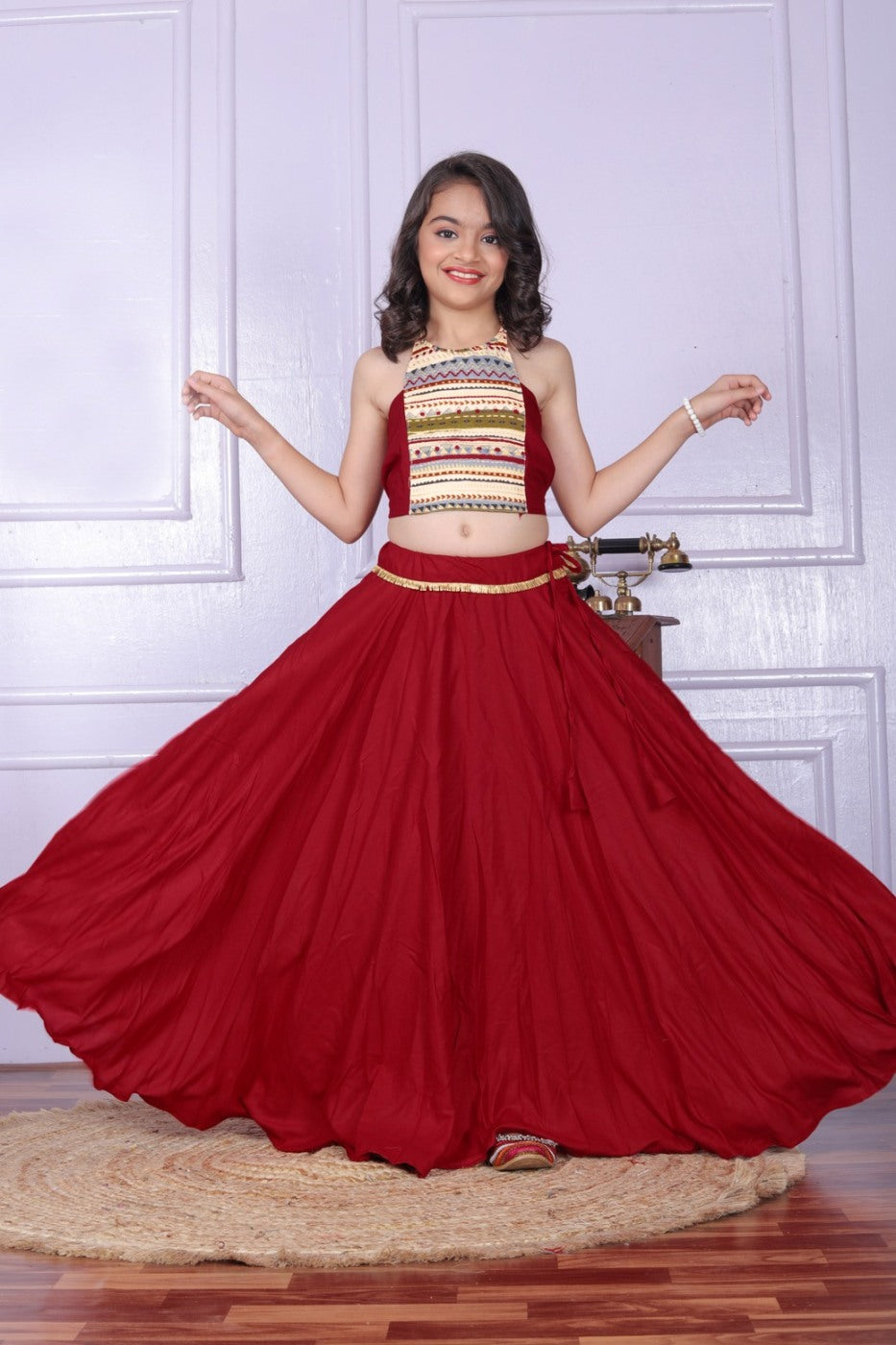 Girls Halter Neck Foil Printed Top And Full Flair Lehenga Choli With Belly Lace