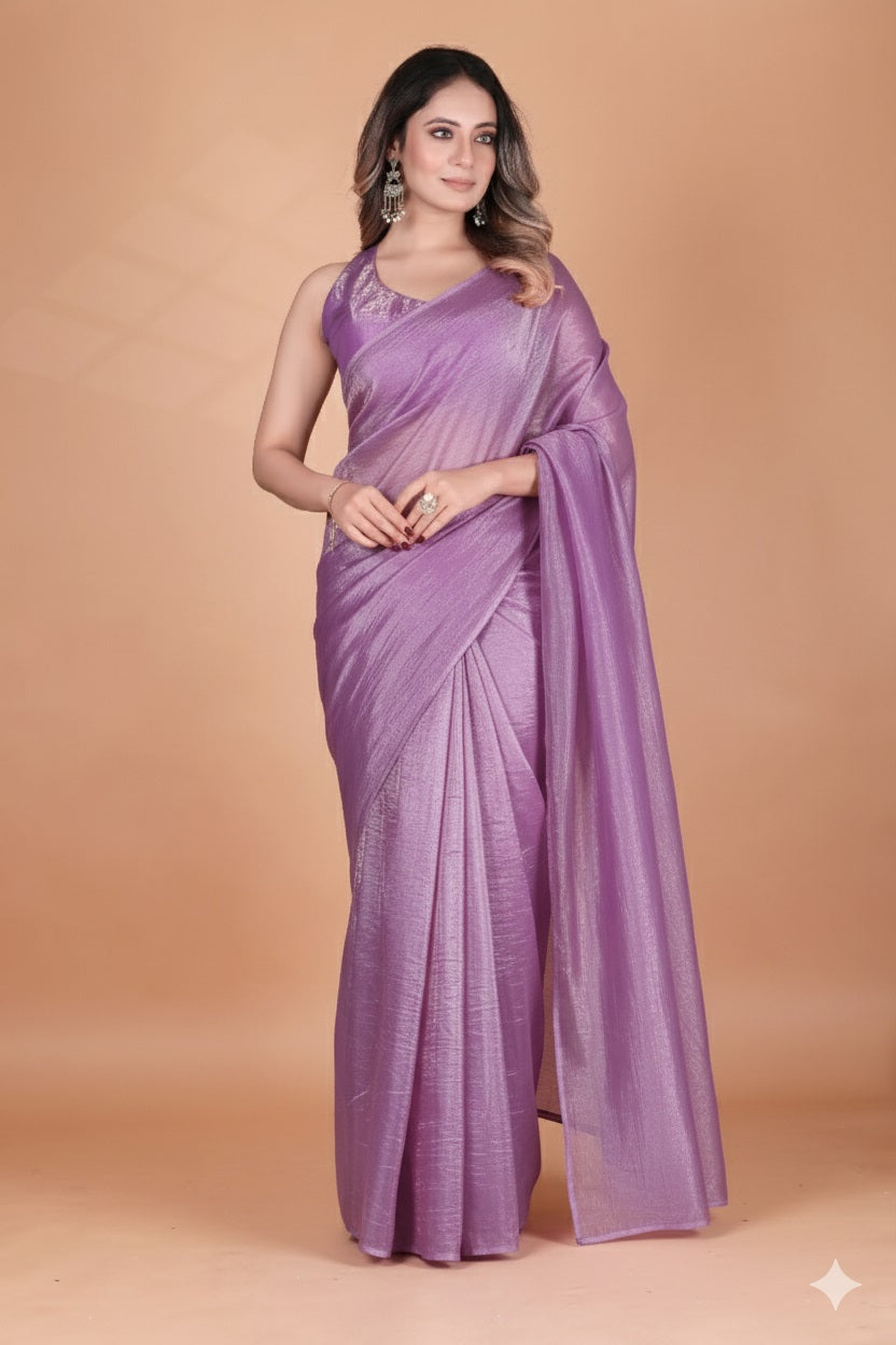 Elegant Lavender Tissue Silk Crunchy Party Wear Saree