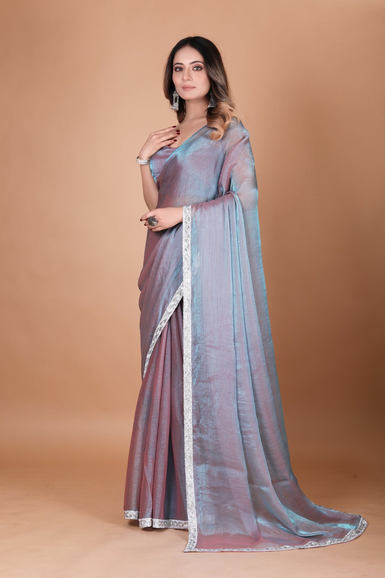 Two Tone Pink Shimmer Chiffon Saree with Embellished Border