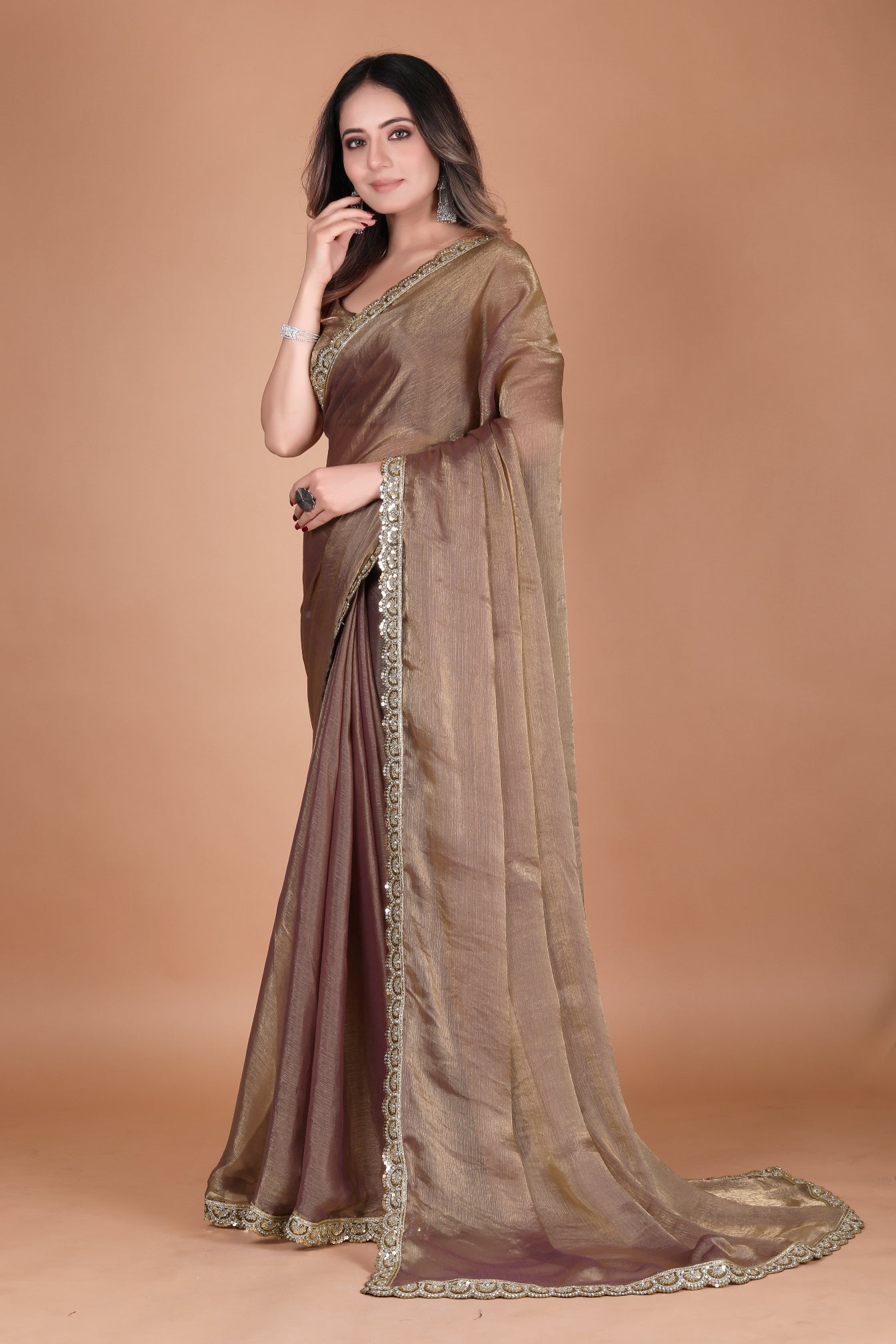 Two Tone Metallic Brown Shimmer Chiffon Saree with Embellished Border