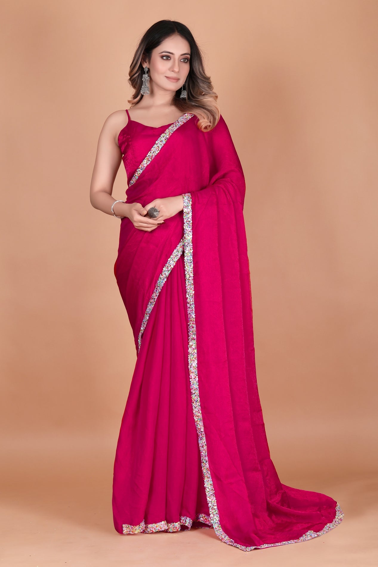 Magenta Pink Two Tone Pure Satin Silk Party Wear Saree with Multy Sequin Border