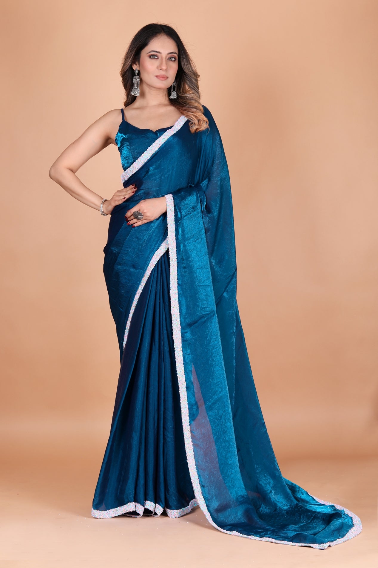 Elegant Teal Blue Two Tone Pure Satin Silk Party Wear Saree with Fancy Border Trim