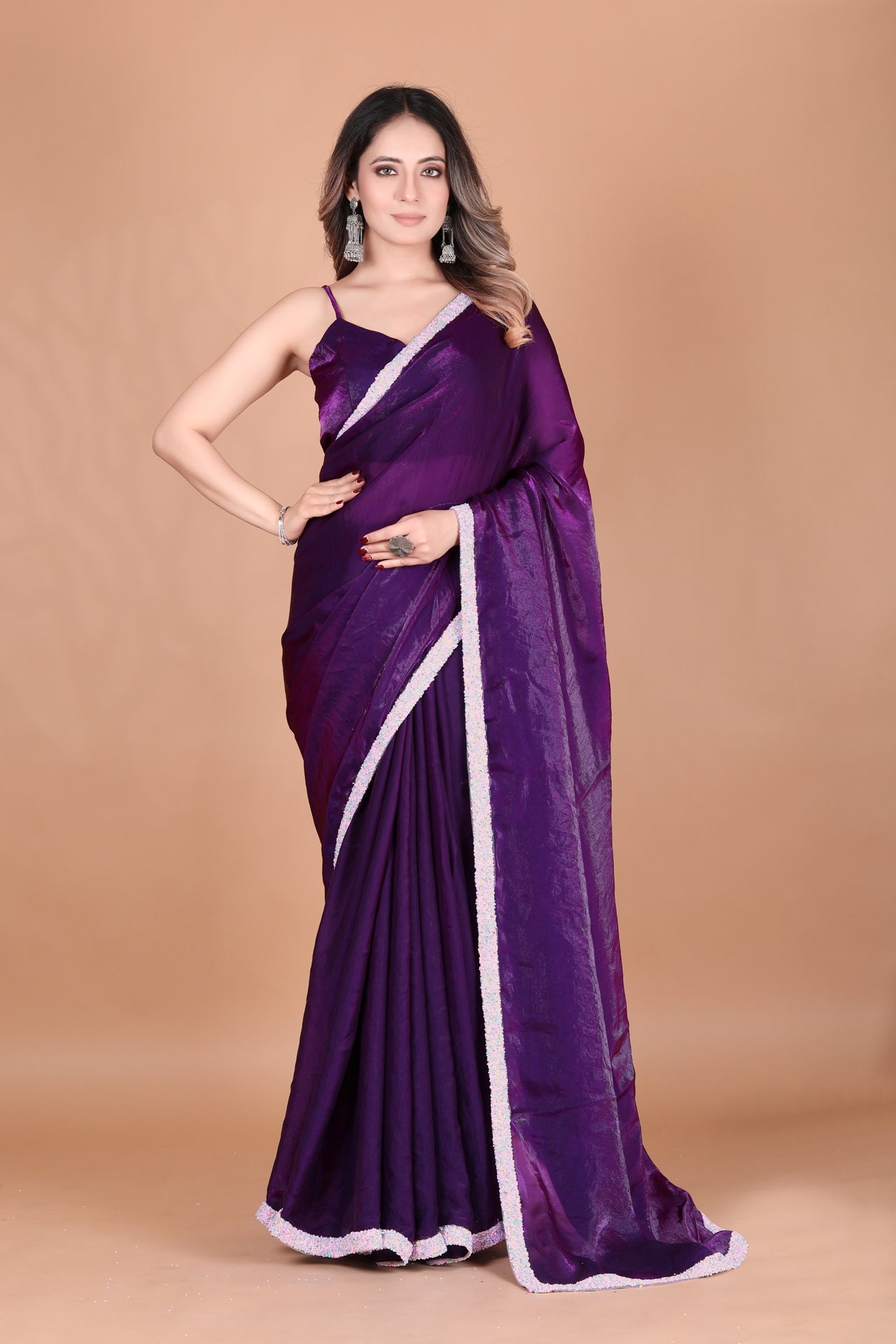 Elegant Purple Two Tone Pure Satin Silk Party Wear Saree with Fancy Border
