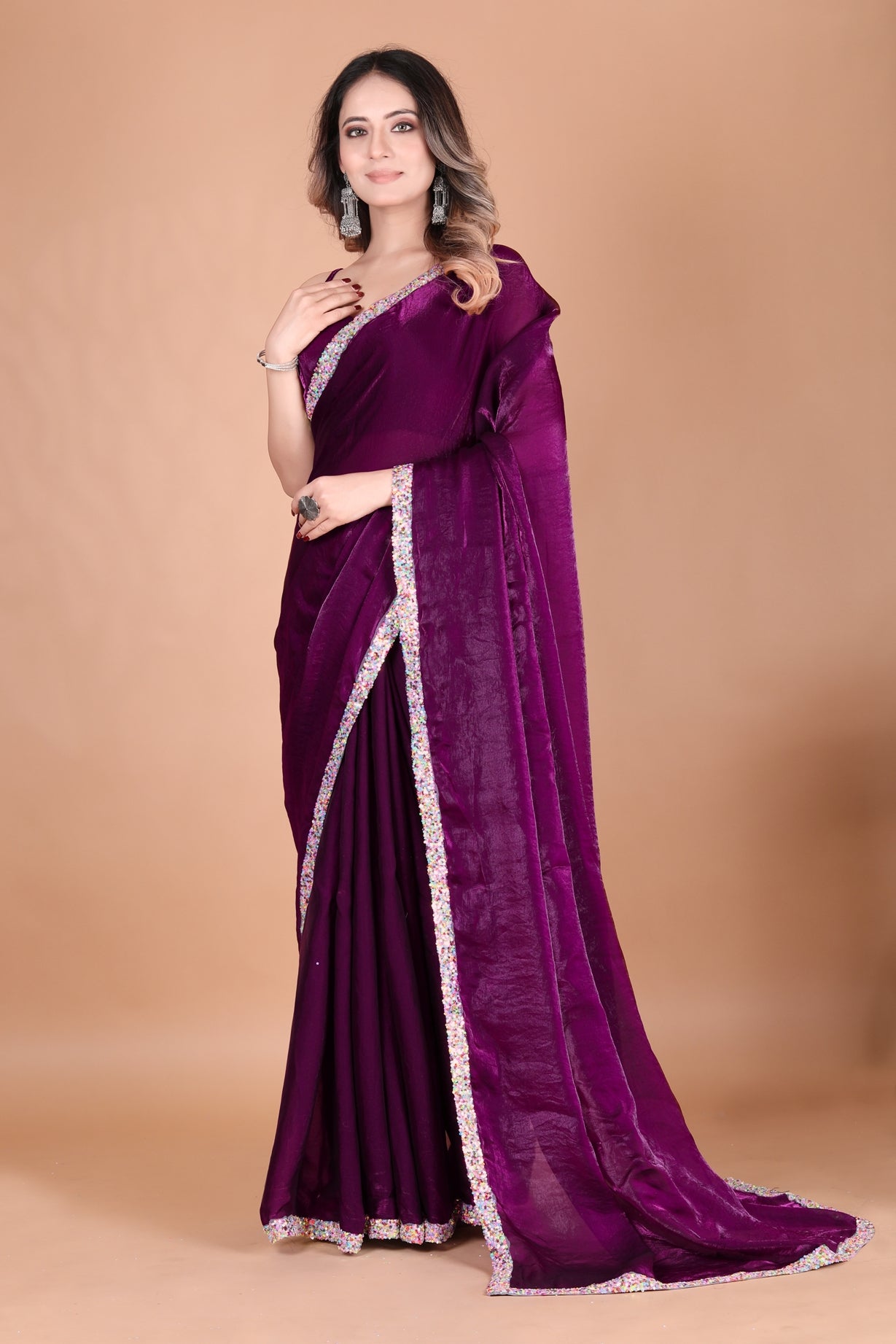 Elegant Beet Two Tone Pure Satin Silk Party Wear Saree with Multy Sequin Border