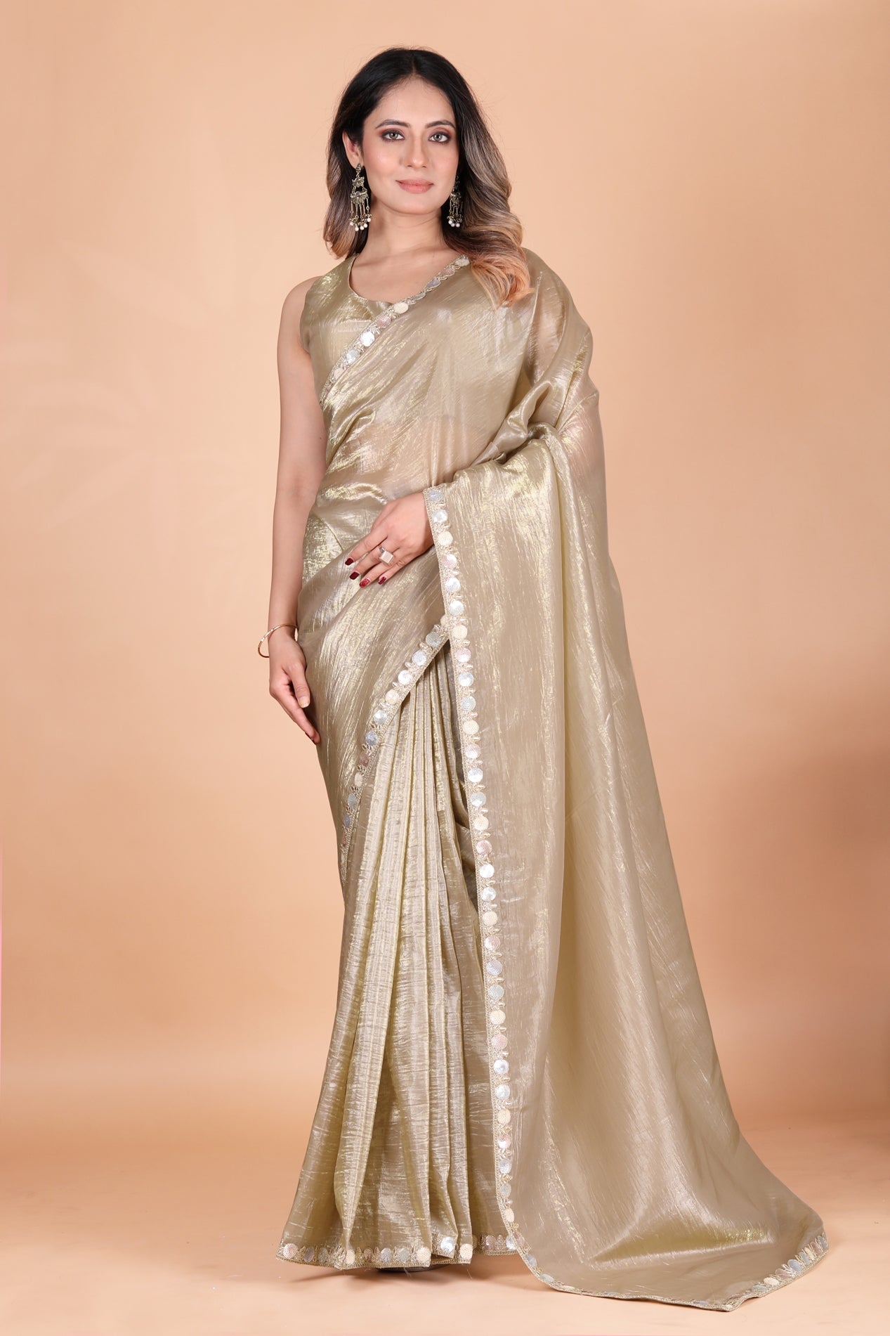 Crush Tissue Silk Champagne Gold Two Tone Saree with Embellished Border