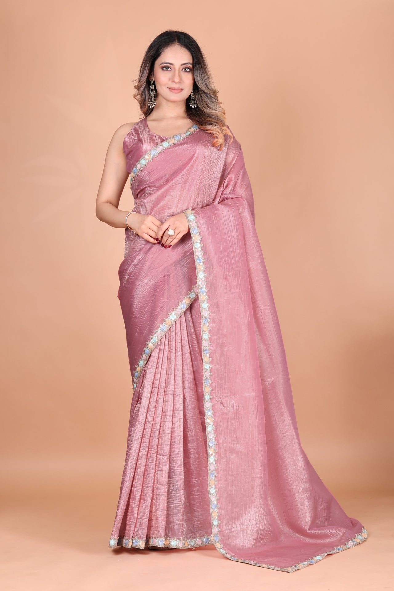 Gold Crush Tissue Silk Baby Pink Two Tone Saree with Embellished Border