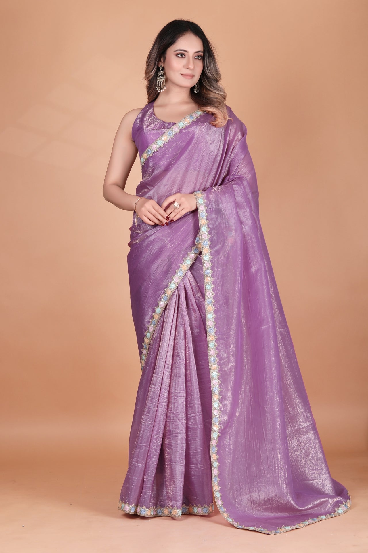 Lavender Purple Crush Tissue Silk Two Tone Saree with Embellished Border