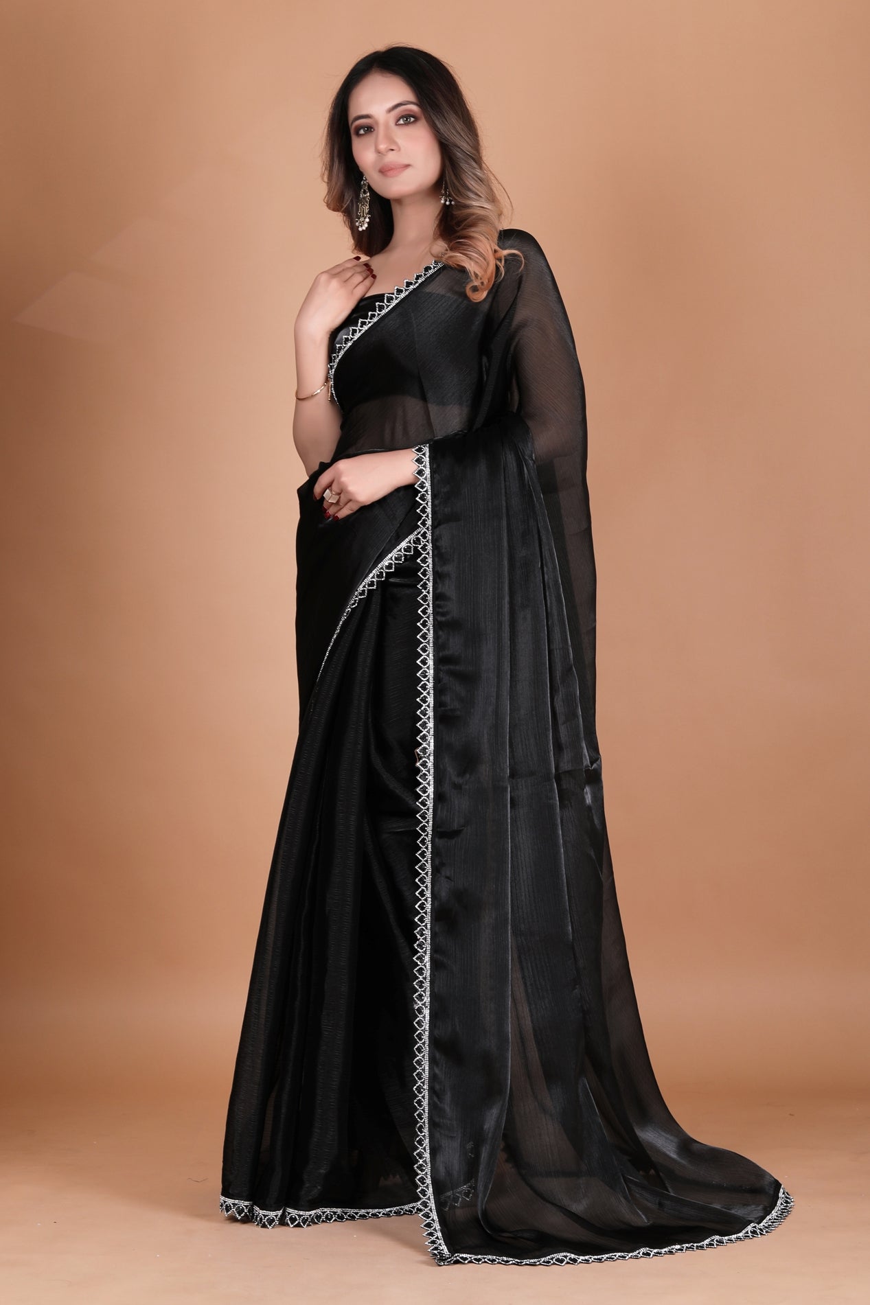 Elegant Black Party Wear Chiffon Silk Saree With Diamond Lace