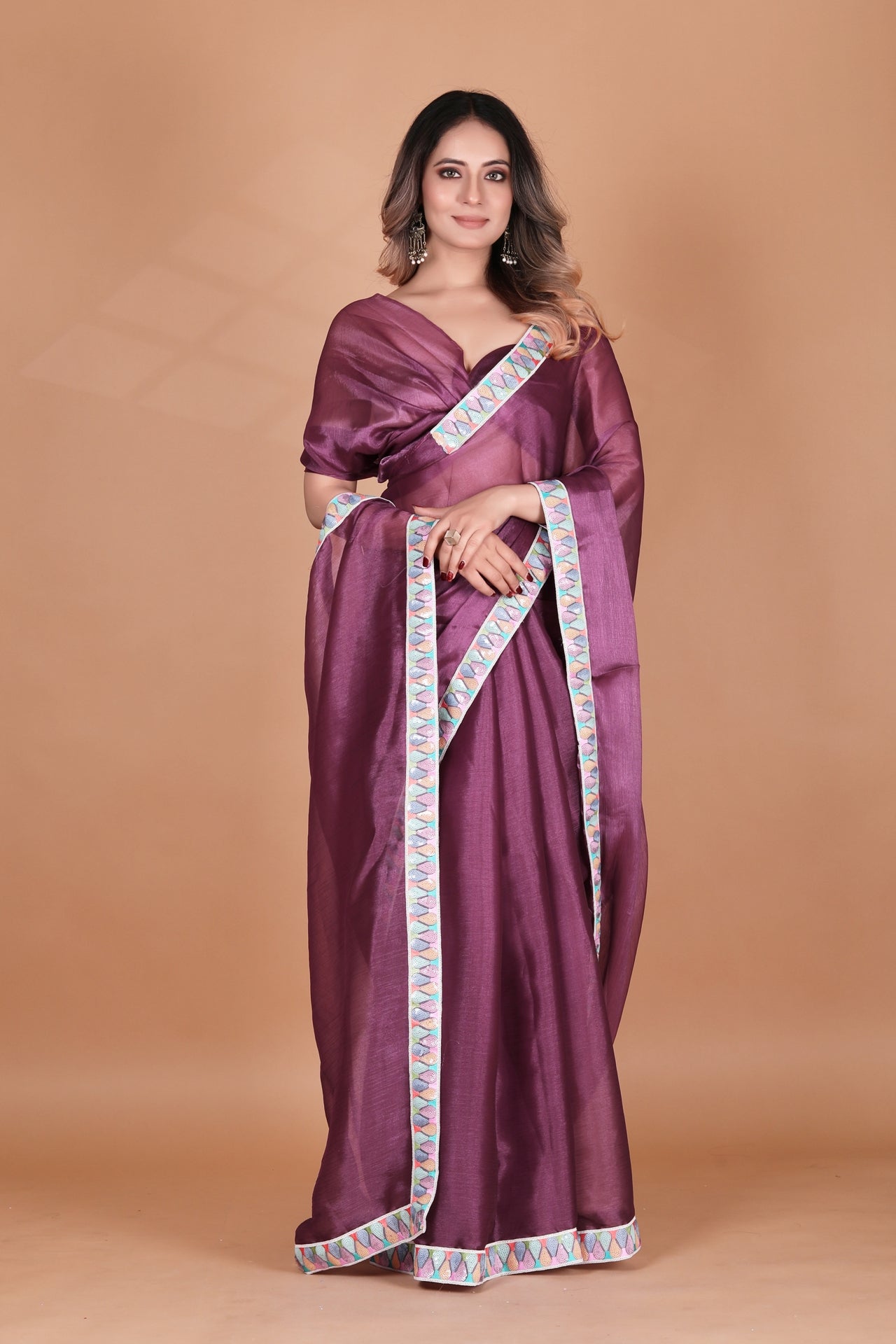 Designer Wine Purple Party Wear Chiffon Silk Saree with Sequence Lace