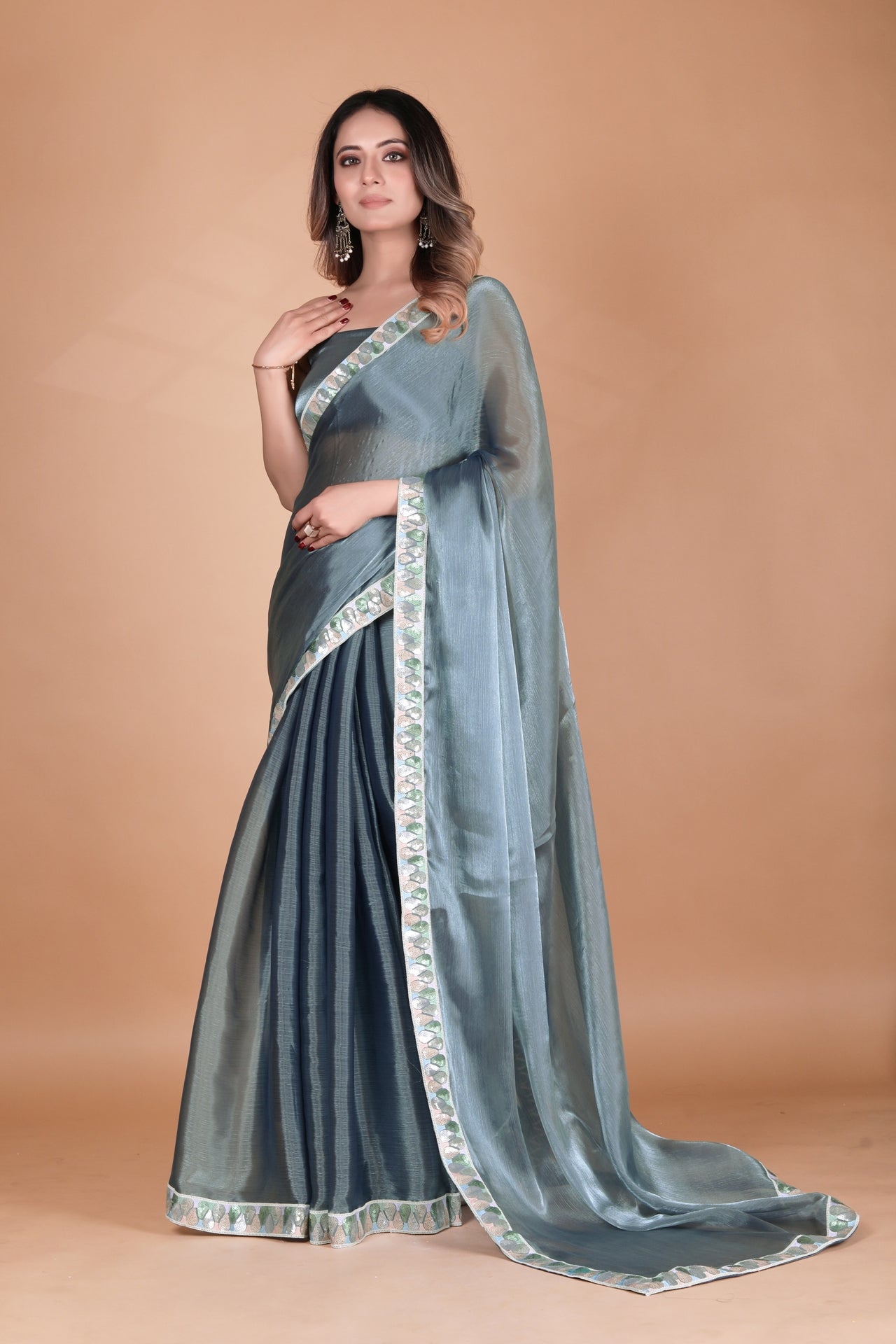 Elegant Teal Party Wear Chiffon Silk Saree with Sequence Lace