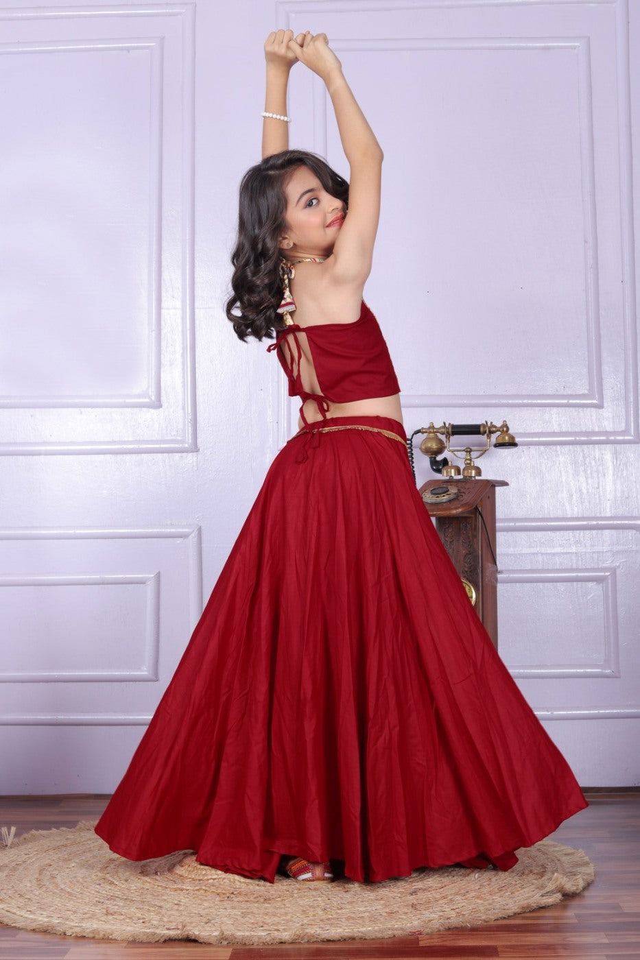 Girls Halter Neck Foil Printed Top And Full Flair Lehenga Choli With Belly Lace