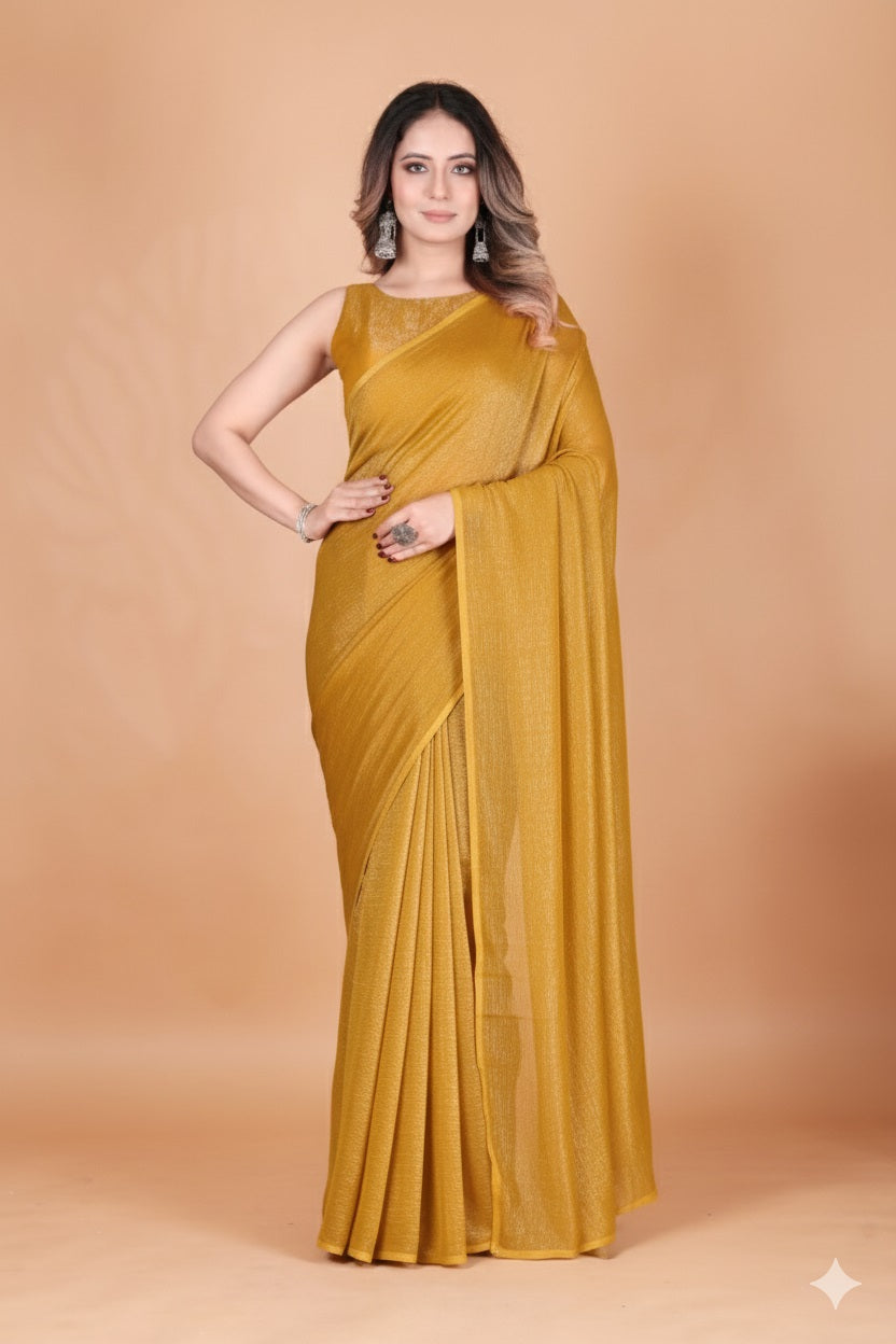 Elegant Musterd Shimmer Tissue Silk Crunchy Party Wear Saree