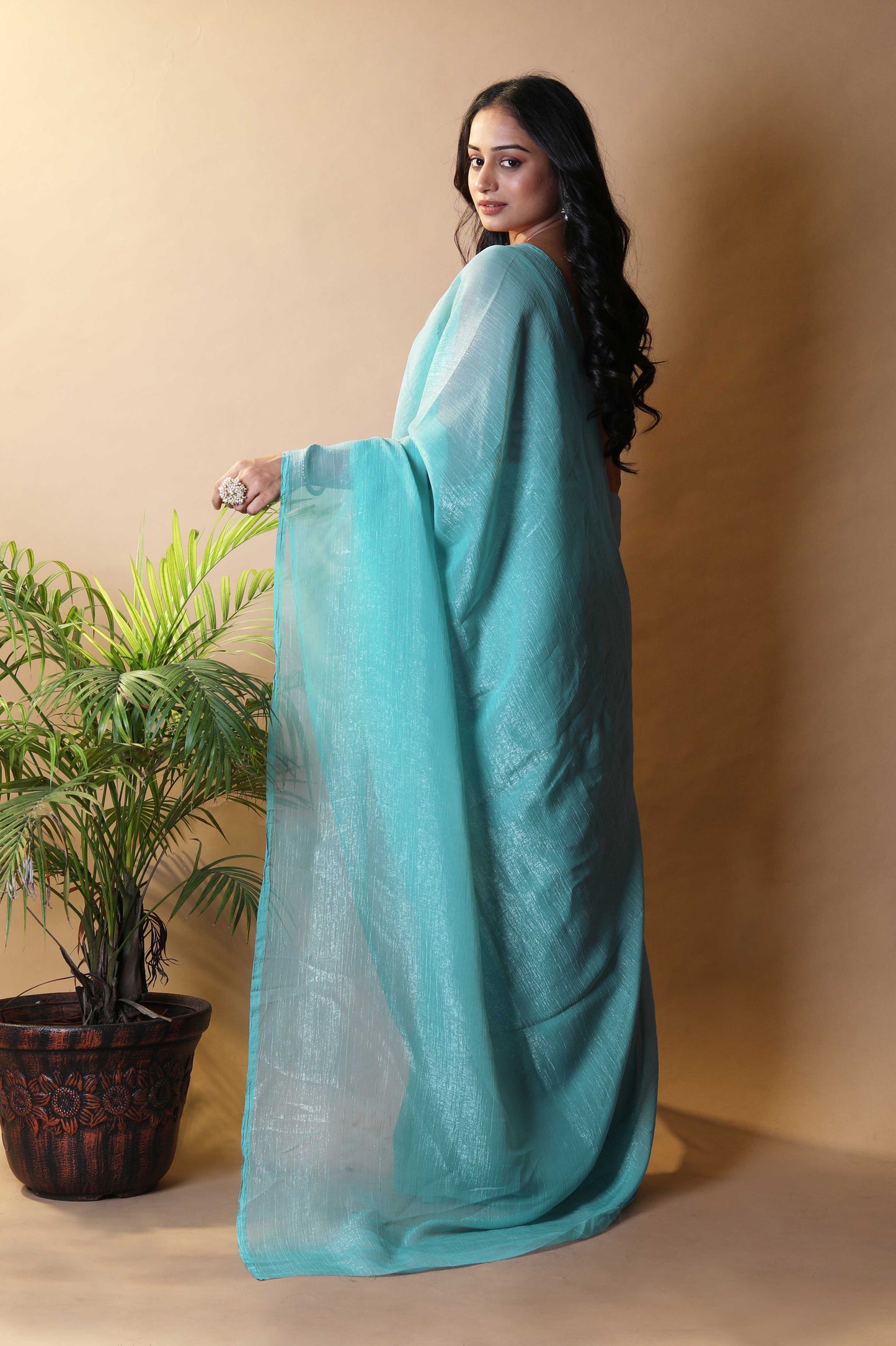 Elegant Sea Green Shimmer Tissue Silk Crunchy Party Wear Saree