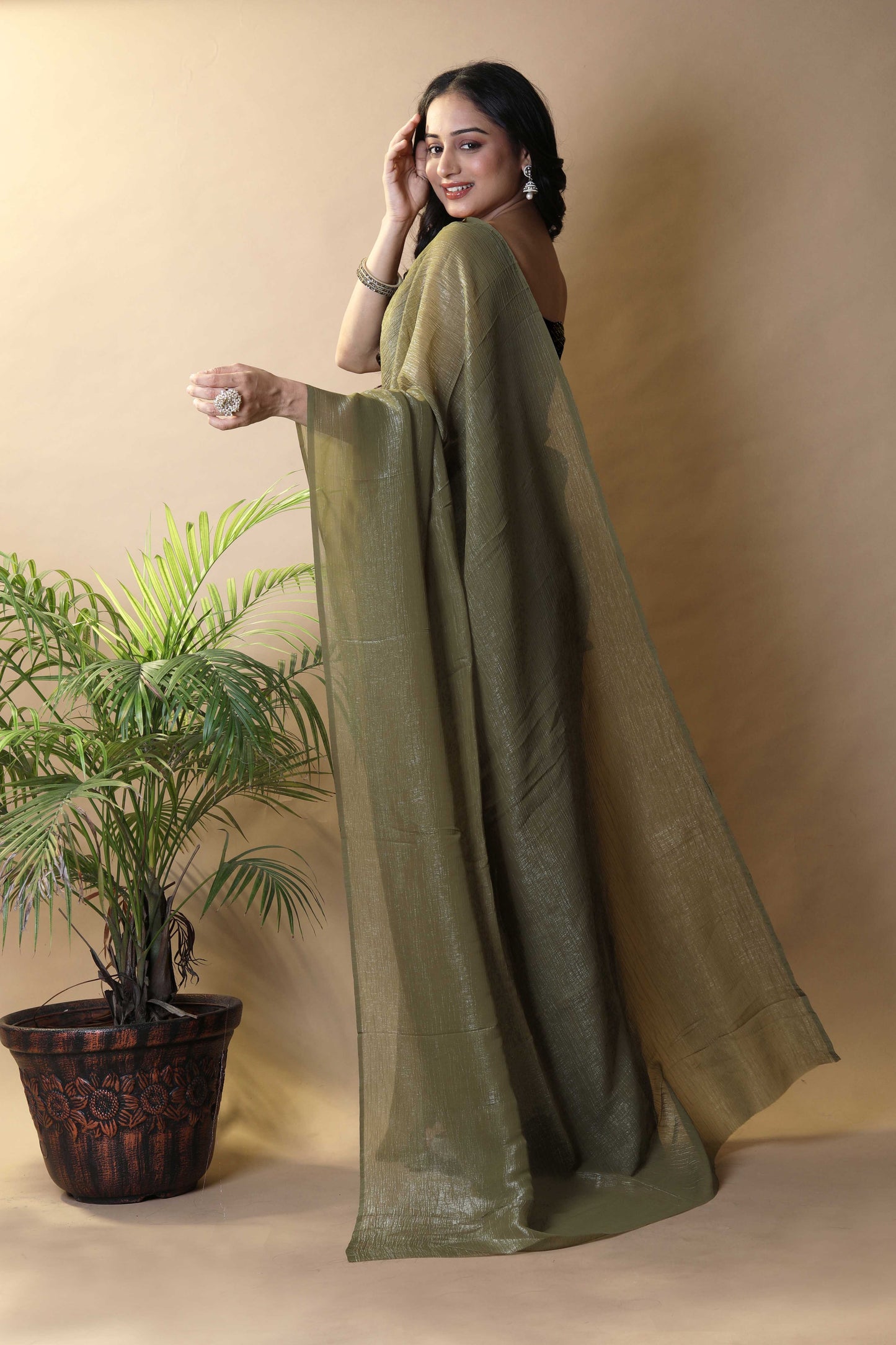 Elegant Olive Green Shimmer Tissue Silk Crunchy Party Wear Saree