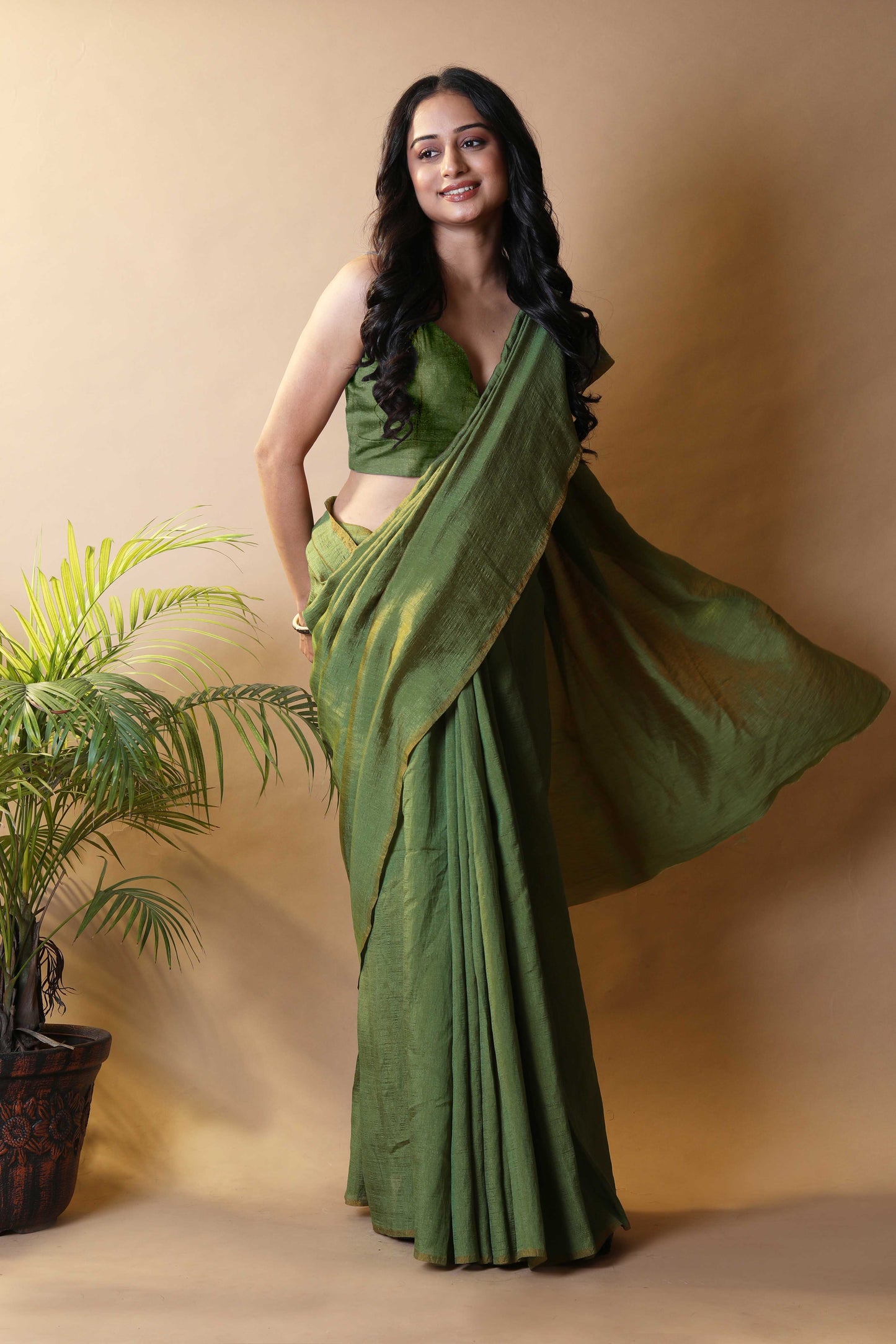 Olive Green Shimmer Silk Blend Two Tone Party Wear Saree