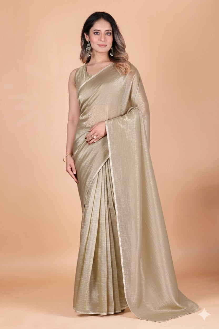 Elegant Gold Tissue Silk Crunchy Party Wear Saree