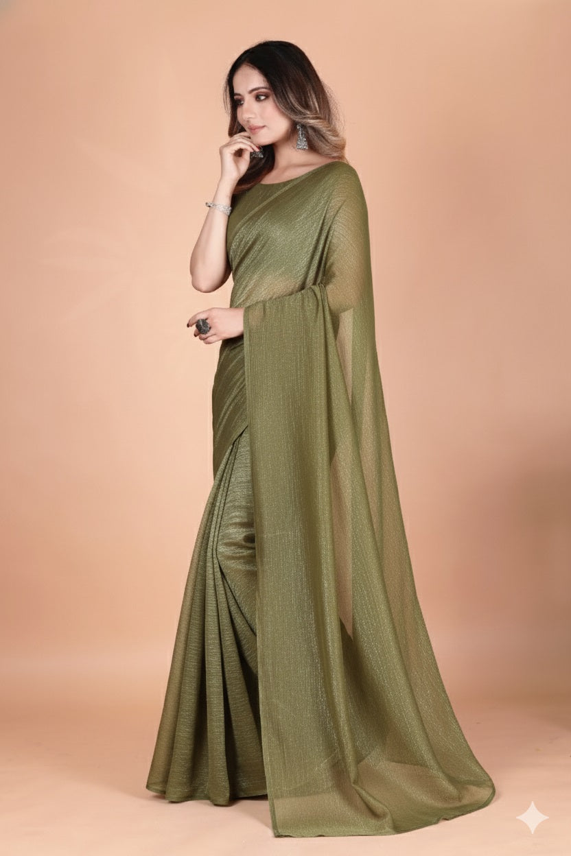 Elegant Olive Green Shimmer Tissue Silk Crunchy Party Wear Saree