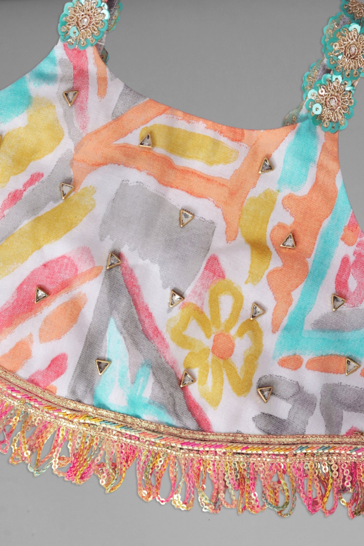 Multicolour Abstract Printed Strappy Neck Crop Top And Lehenga With Sequence Jhalar Lace