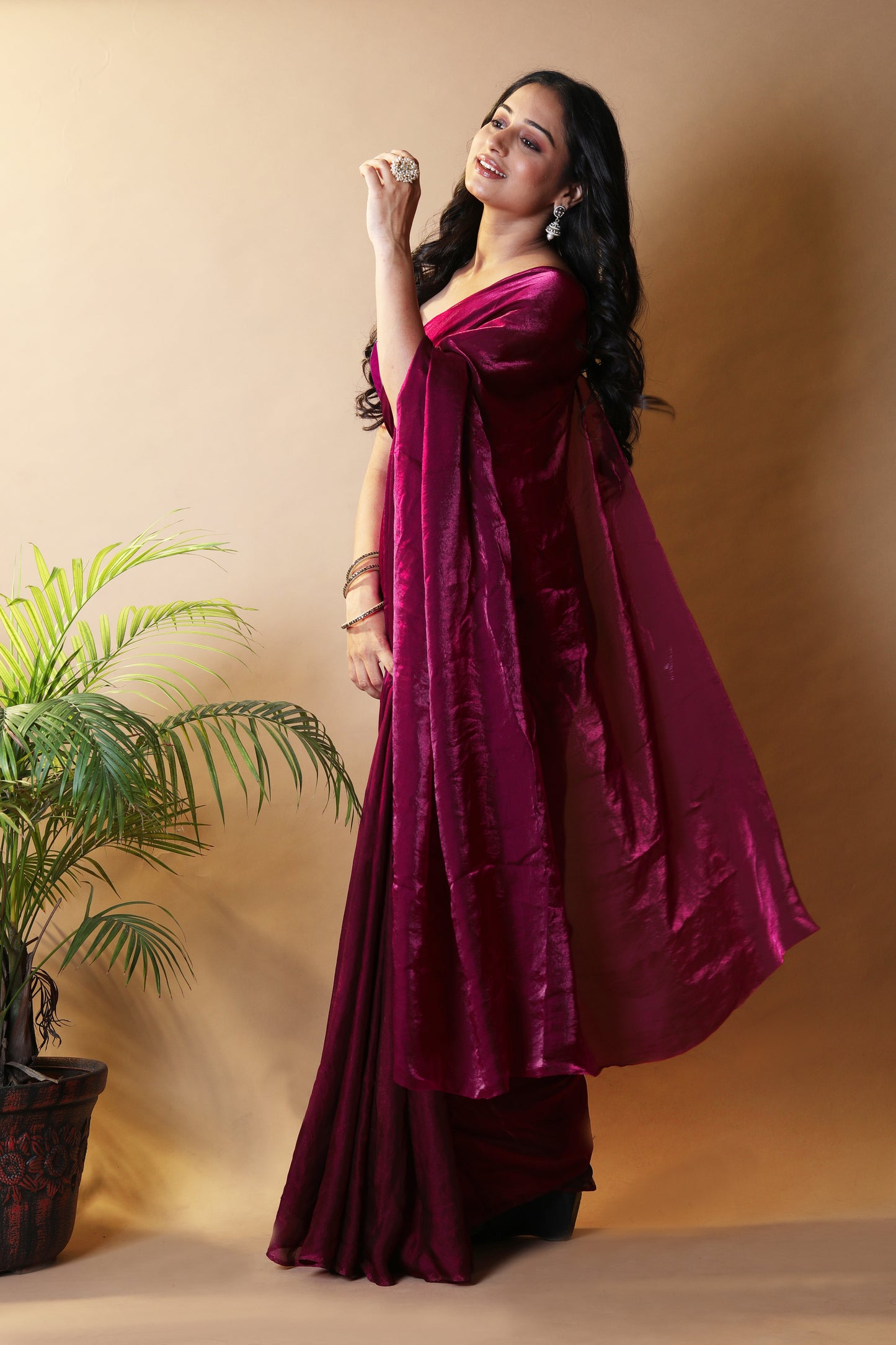 Elegant Beet Shimmer Satin Silk Two Tone Party Wear Saree