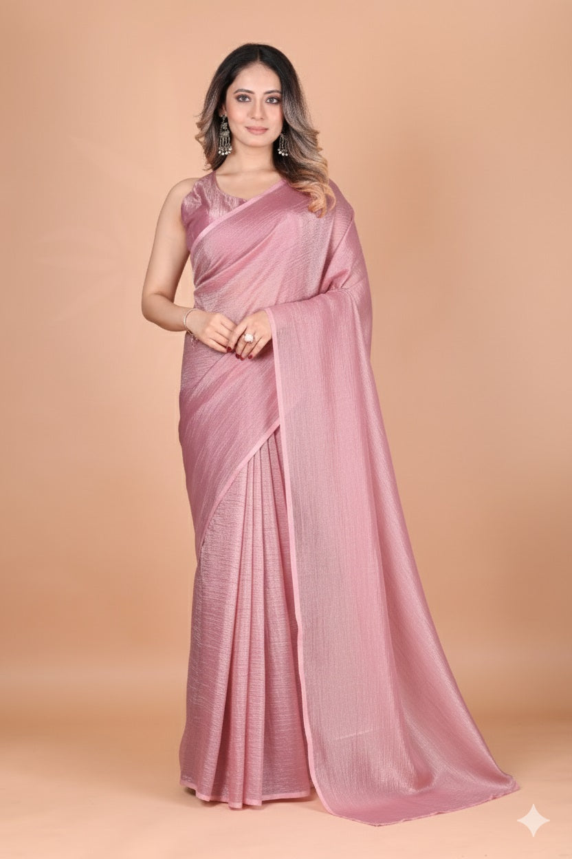 Elegant Baby Pink Tissue Silk Crunchy Party Wear Saree