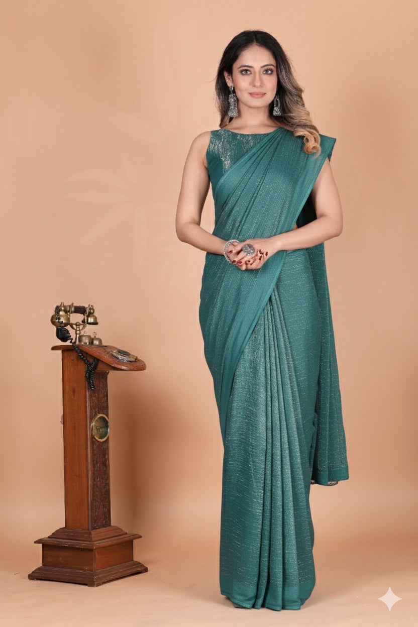 Elegant Bottle Green Shimmer Tissue Silk Crunchy Party Wear Saree
