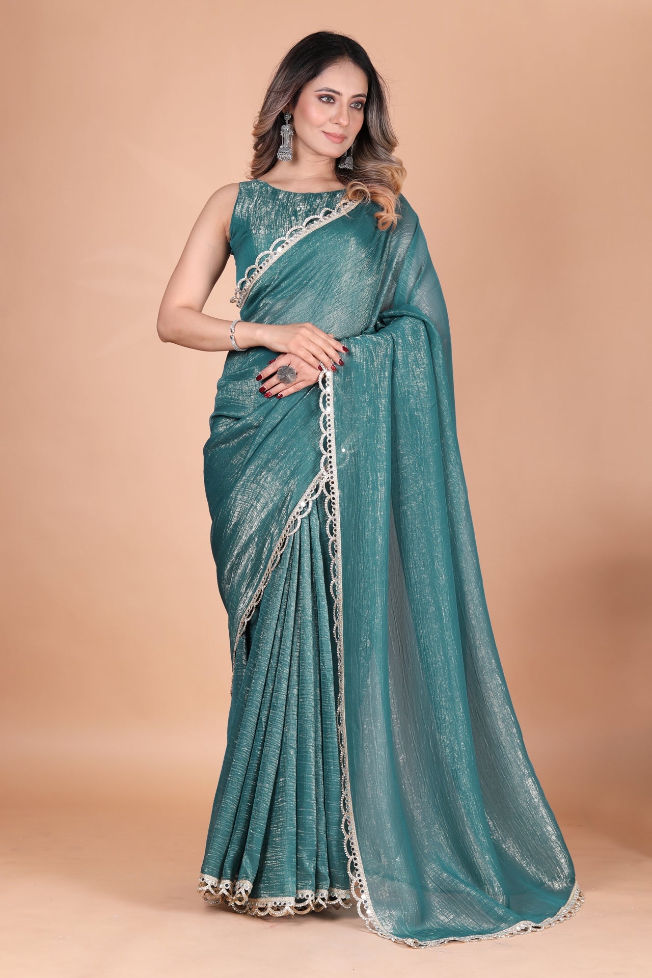 Two Tone Shimmer Crunchy Party Wear Teal Saree with Mirror Lace