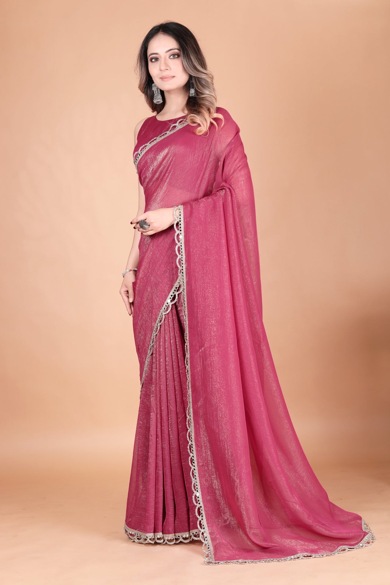 Two Tone Shimmer Crunchy Party Wear Gajari Saree with Mirror Lace