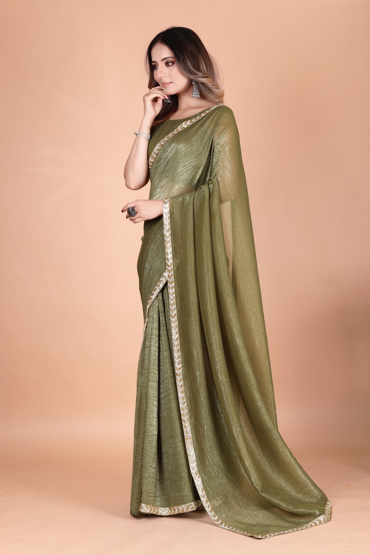 Two Tone Shimmer Crunchy Party Wear Crocodile Saree with Bead And diamond Lace