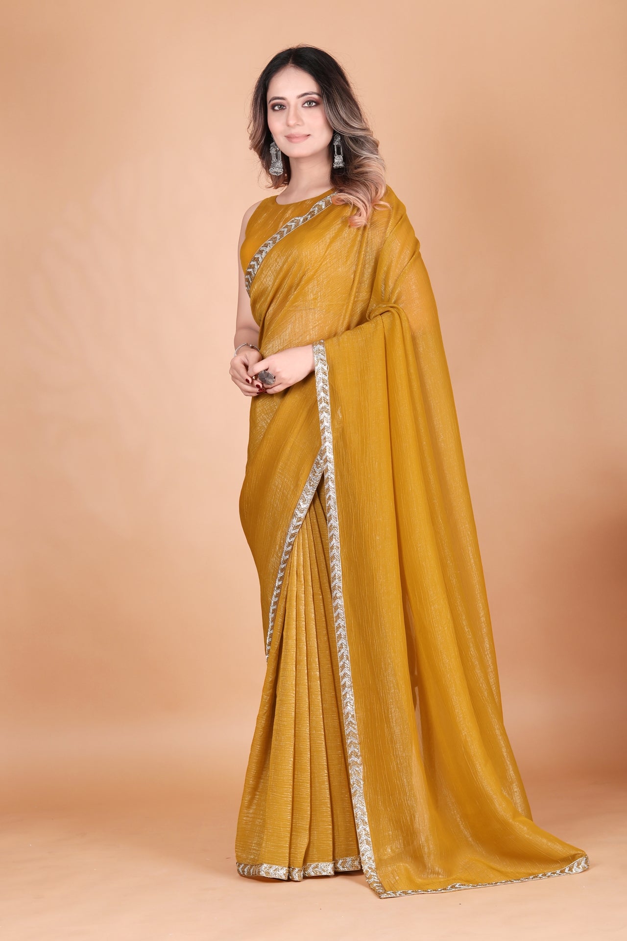 Two Tone Shimmer Crunchy Party Wear Musterd Saree with Bead And diamond Lace