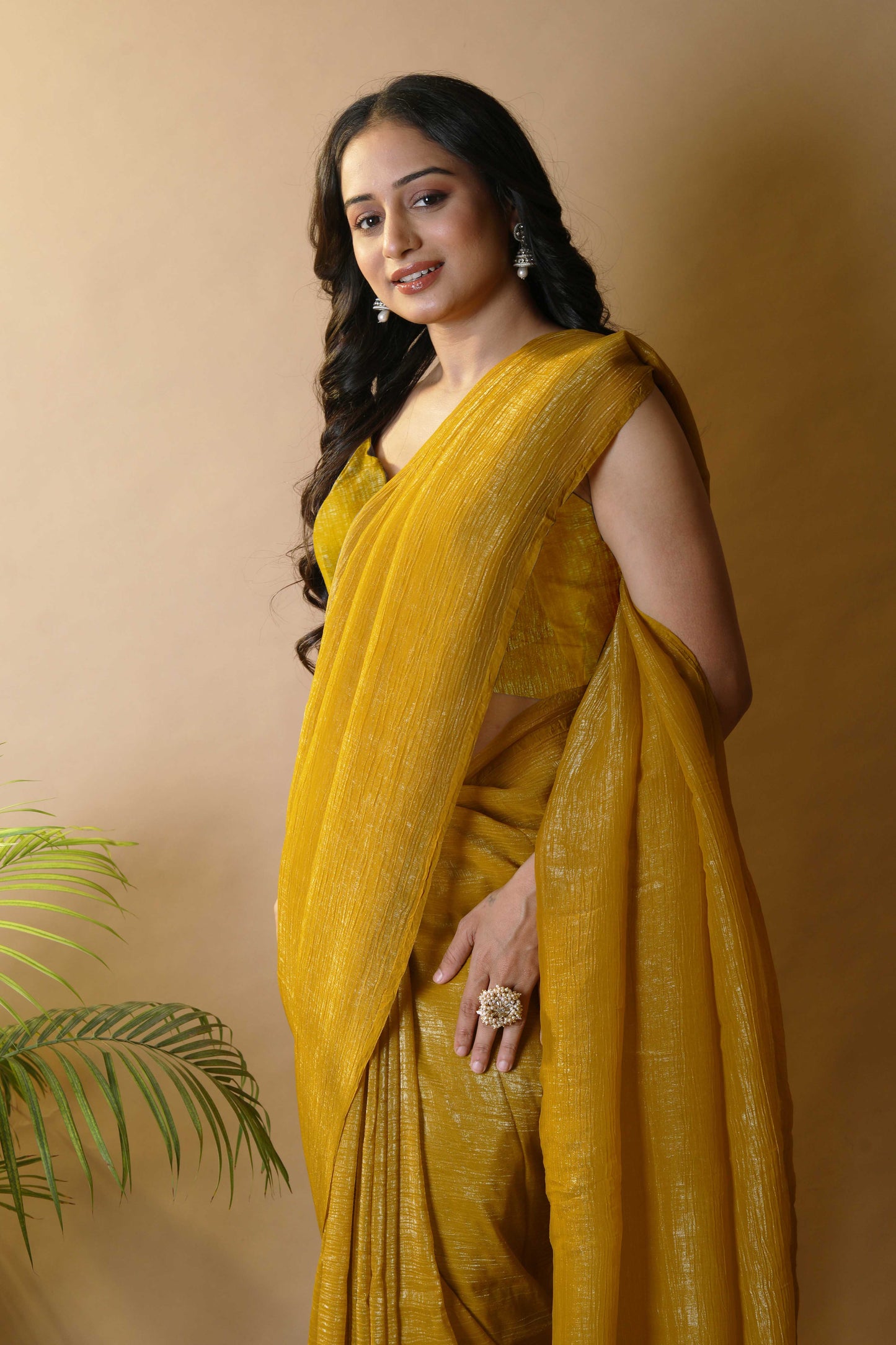 Elegant Musterd Shimmer Tissue Silk Crunchy Party Wear Saree