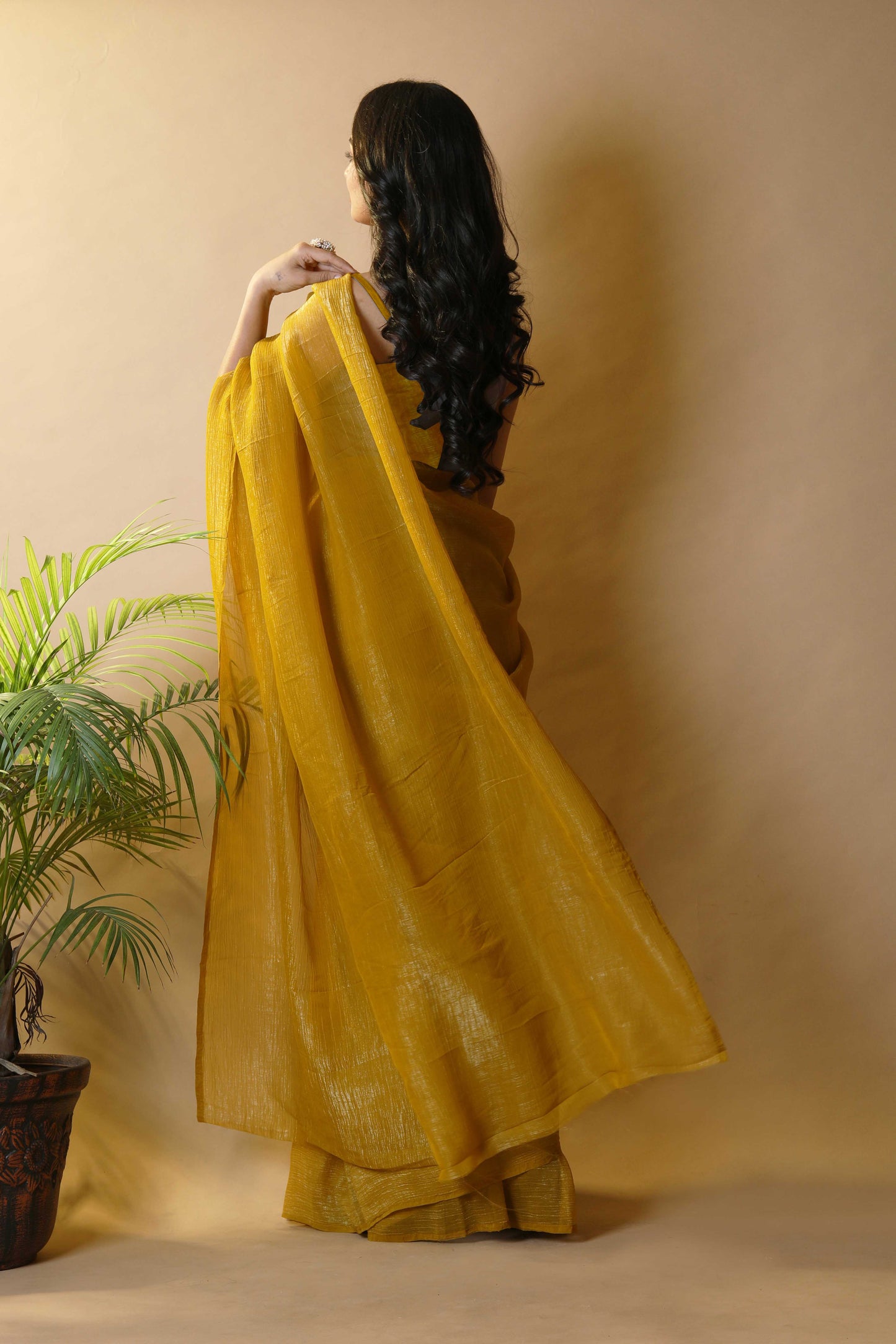 Elegant Musterd Shimmer Tissue Silk Crunchy Party Wear Saree