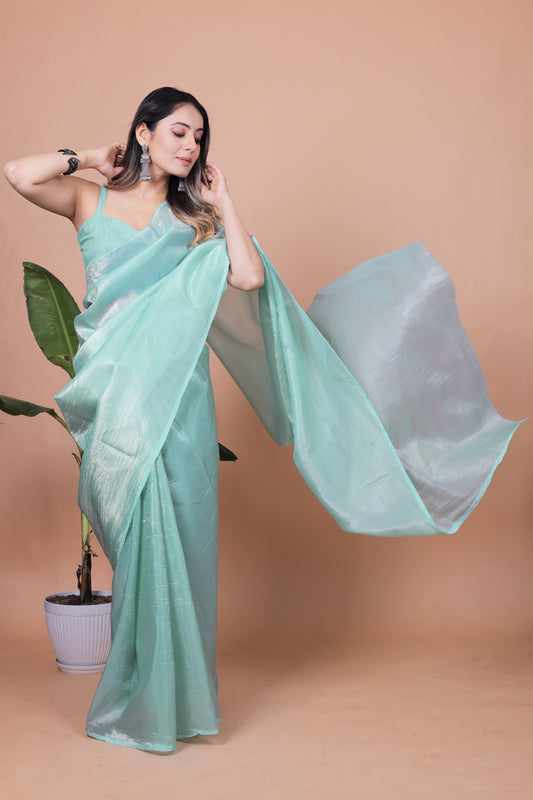 Elegant Ice Blue Tissue Silk Crunchy Party Wear Saree