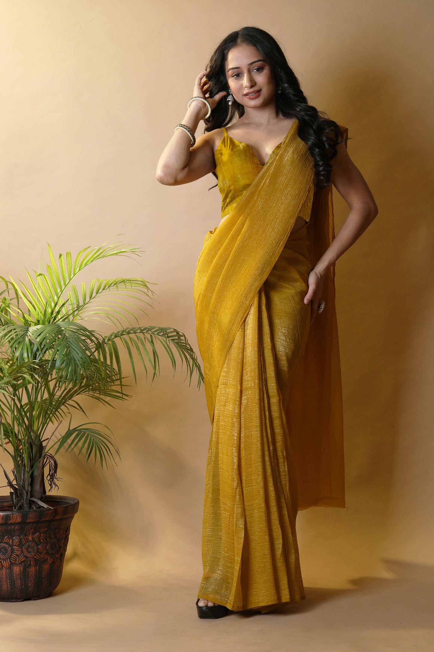 Elegant Musterd Shimmer Tissue Silk Crunchy Party Wear Saree