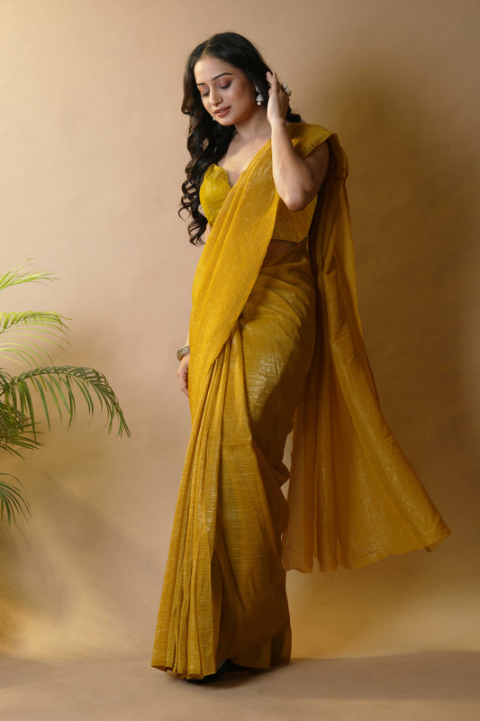 Elegant Musterd Shimmer Tissue Silk Crunchy Party Wear Saree